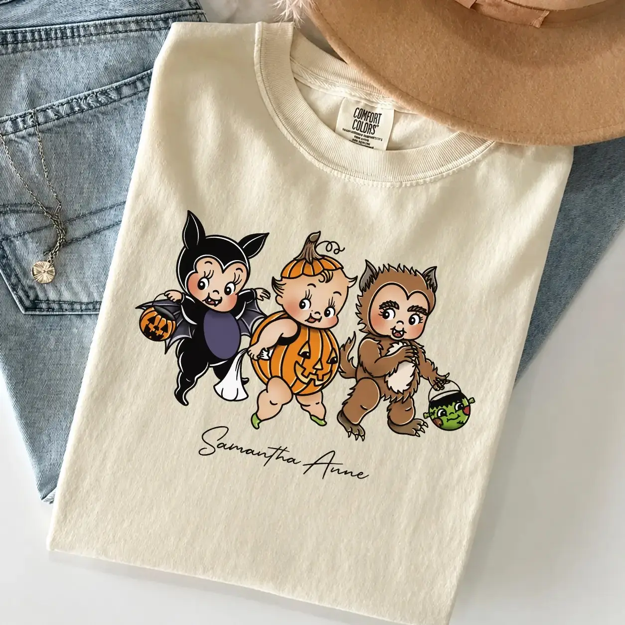 Kewpie Halloween Trick Or Treating T-Shirt, Retro Pumpkin Bat Graphic Tee, Womens Funny Cringe Meme Doll Lover Gift