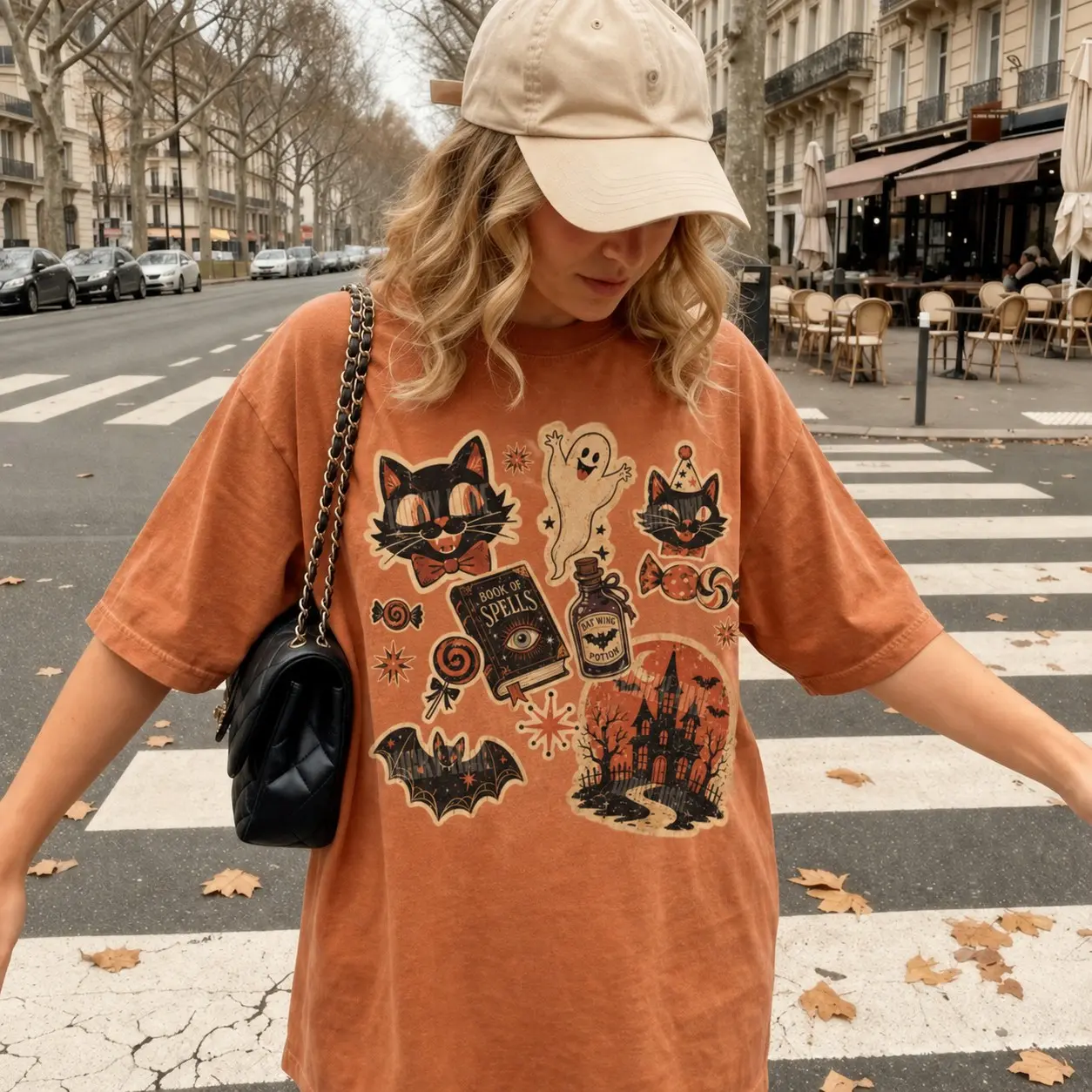 Kids Retro Halloween Shirt, Black Cat Youth Graphic Tee, Girls Boys Toddler Trick Or Treat Vintage Fall Outfit - photo 2