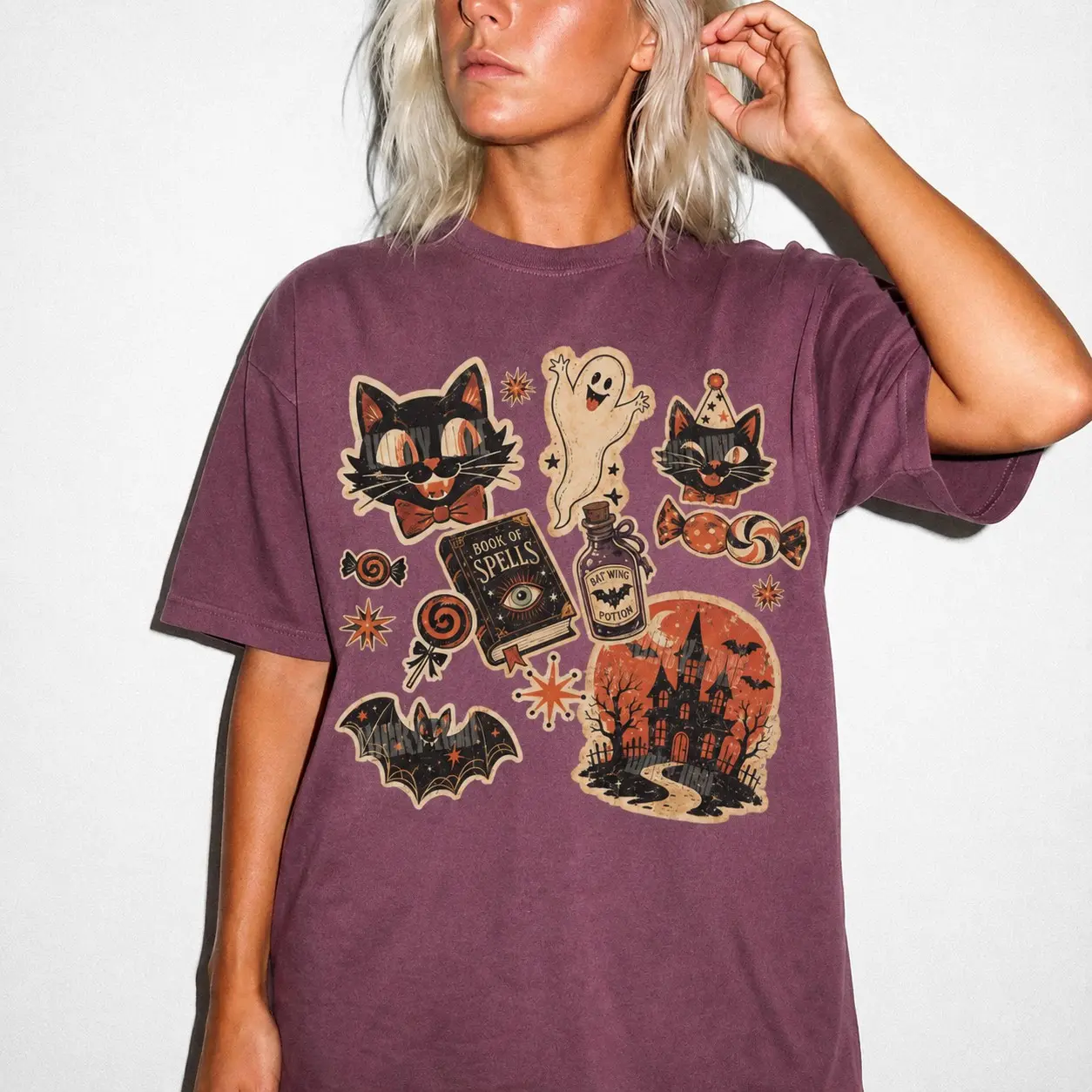 Kids Retro Halloween Shirt, Black Cat Youth Graphic Tee, Girls Boys Toddler Trick Or Treat Vintage Fall Outfit - photo 4