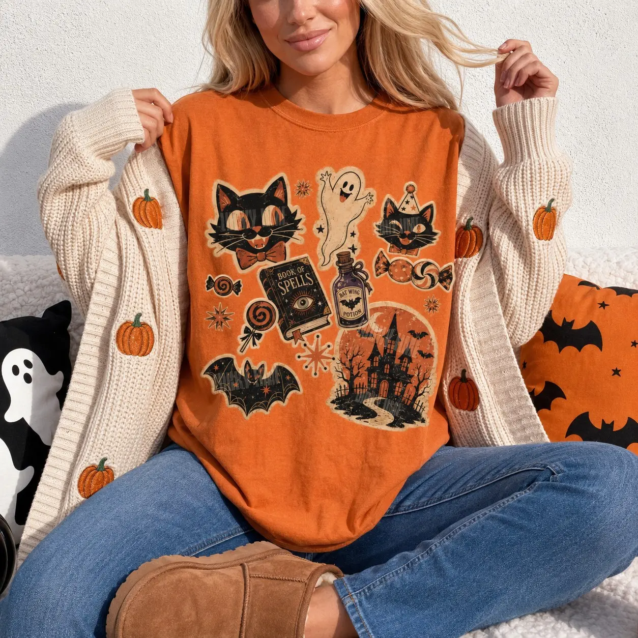 Kids Retro Halloween Shirt, Black Cat Youth Graphic Tee, Girls Boys Toddler Trick Or Treat Vintage Fall Outfit - photo 5
