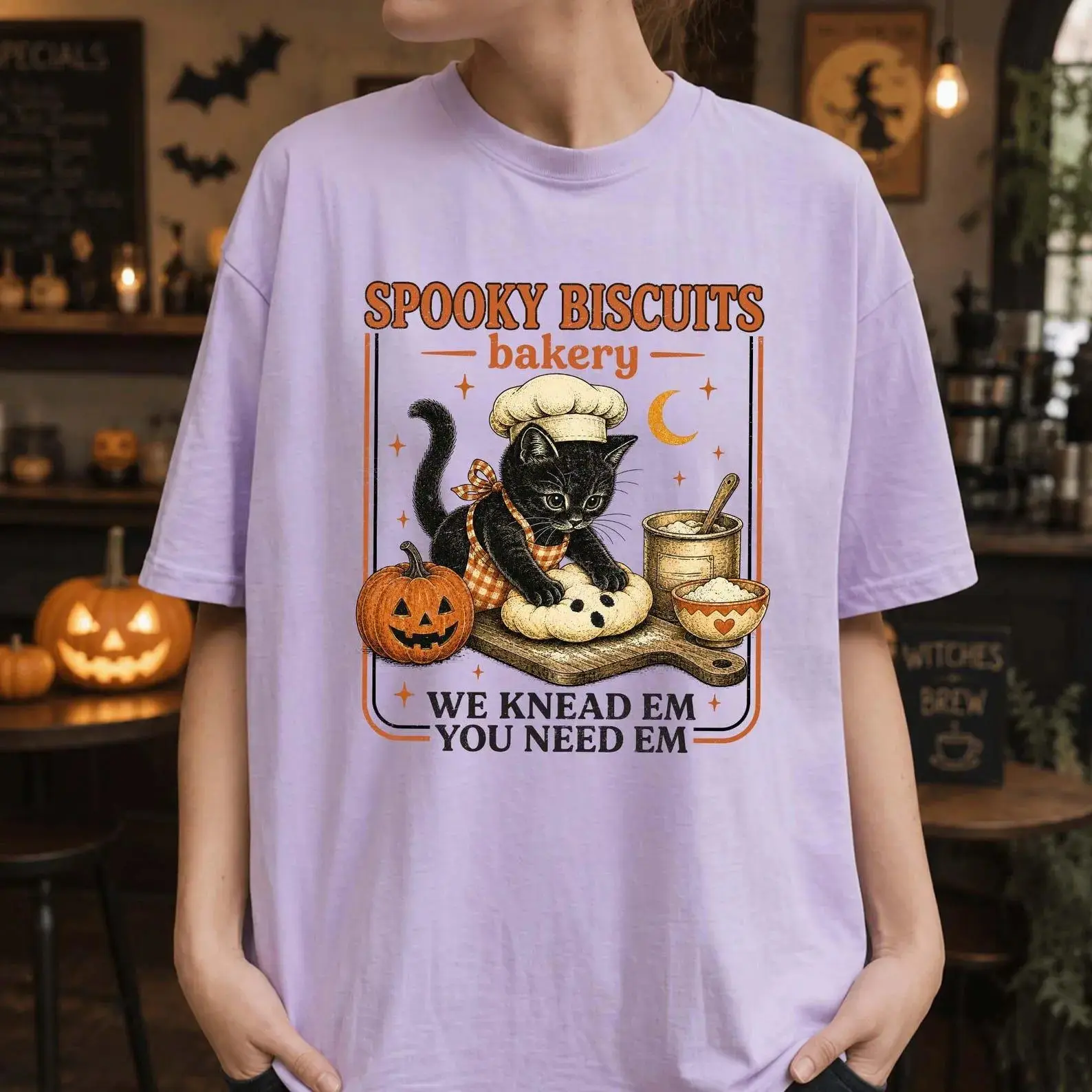 Kitty Biscuits Comfort Colors Shirt, Black Cat Halloween Fall Tee, Vintage Baking Pumpkin Spooky Season Lover Gift for Women