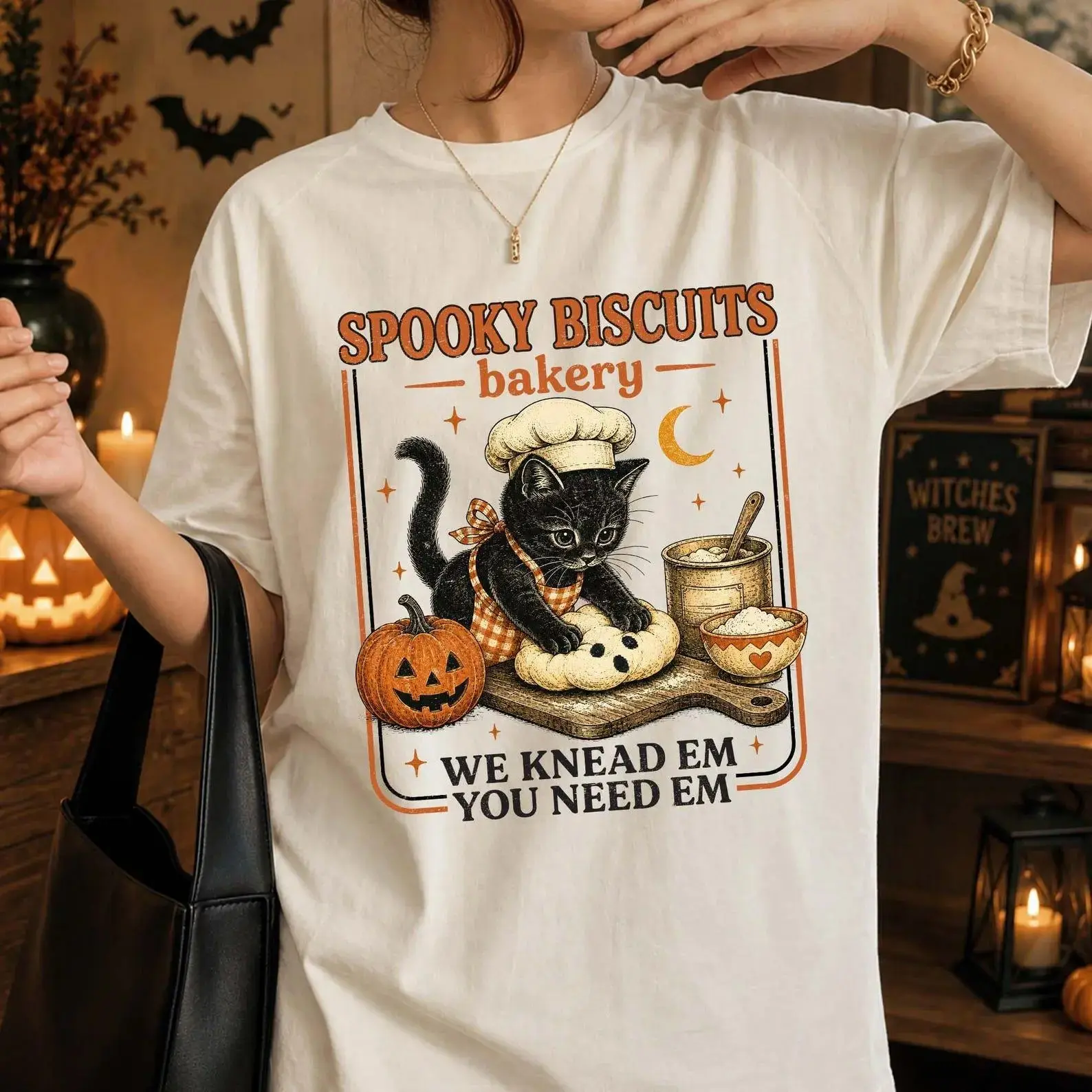 Kitty Biscuits Comfort Colors Shirt, Black Cat Halloween Fall Tee, Vintage Baking Pumpkin Spooky Season Lover Gift for Women - photo 2