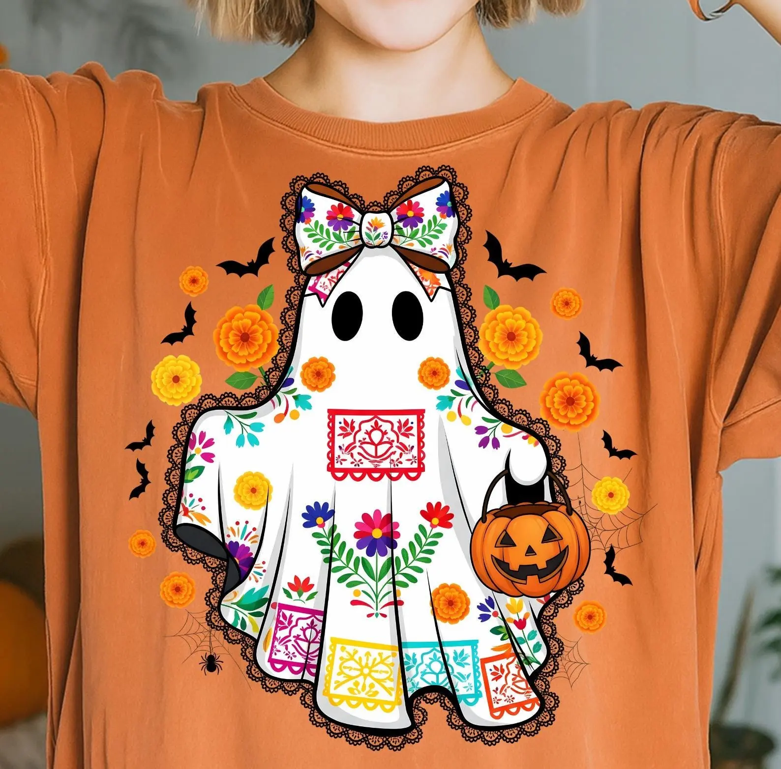 Lace Ghost Halloween Hoodie for Women, Mexican Dia de los Muertos Cute Spooky Marigold Sugar Skull Graphic - photo 5