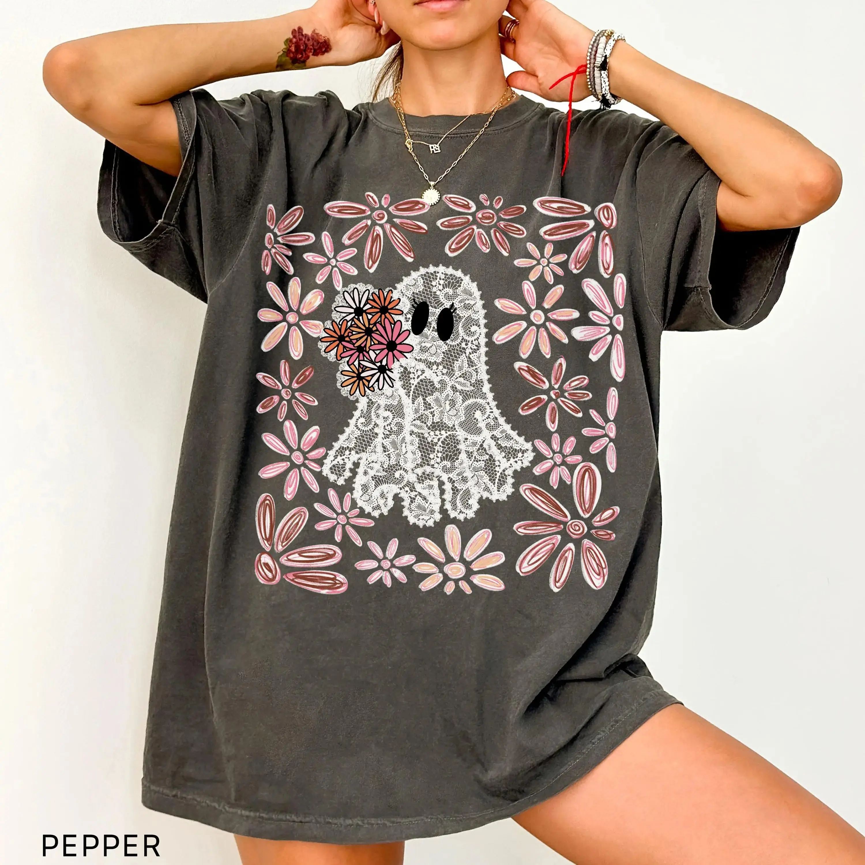 Lace Ghost Halloween Shirt for Women, Cute Spooky Season Boo Graphic Tee, Fall Bride Costume Gift Top