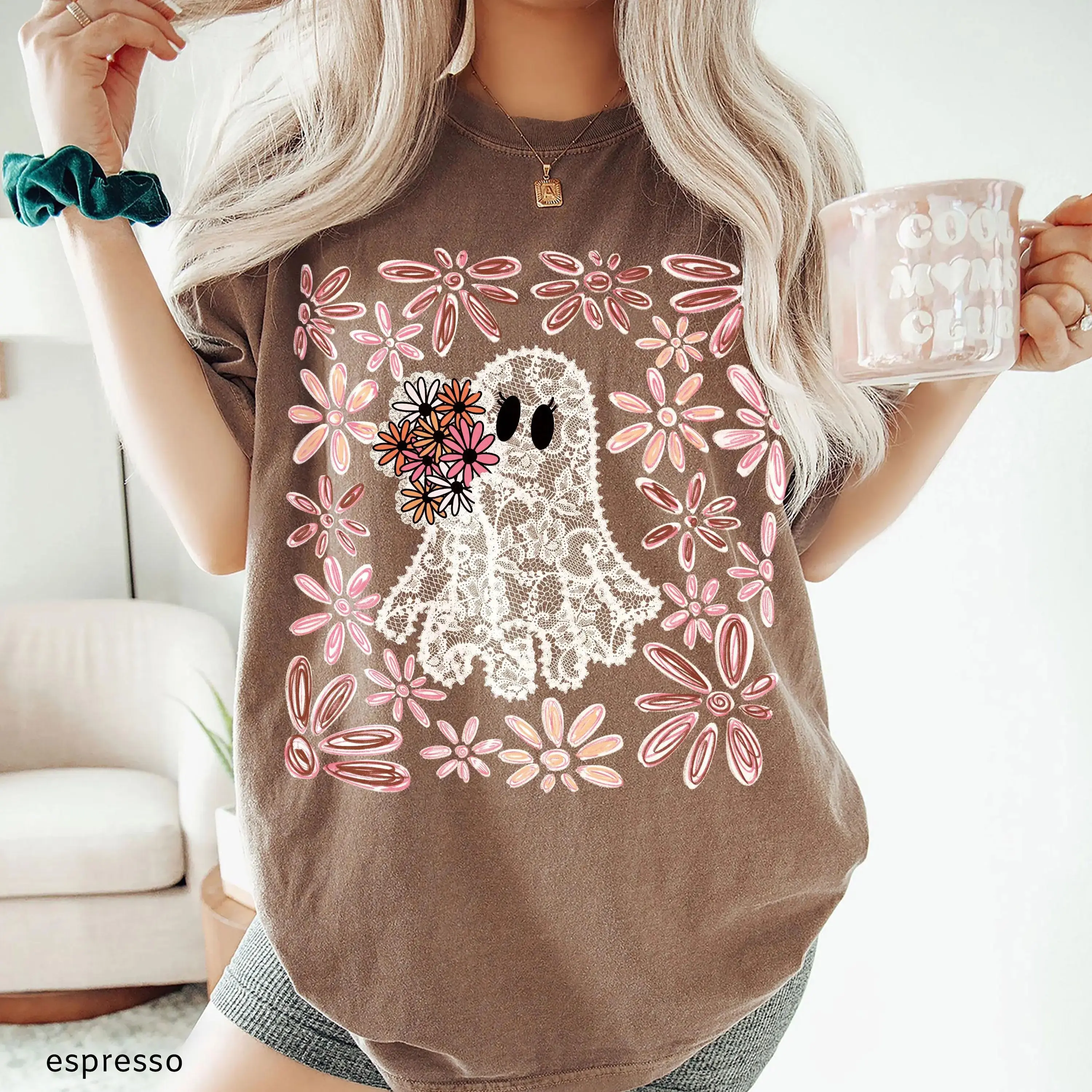Lace Ghost Halloween Shirt for Women, Cute Spooky Season Boo Graphic Tee, Fall Bride Costume Gift Top - photo 2