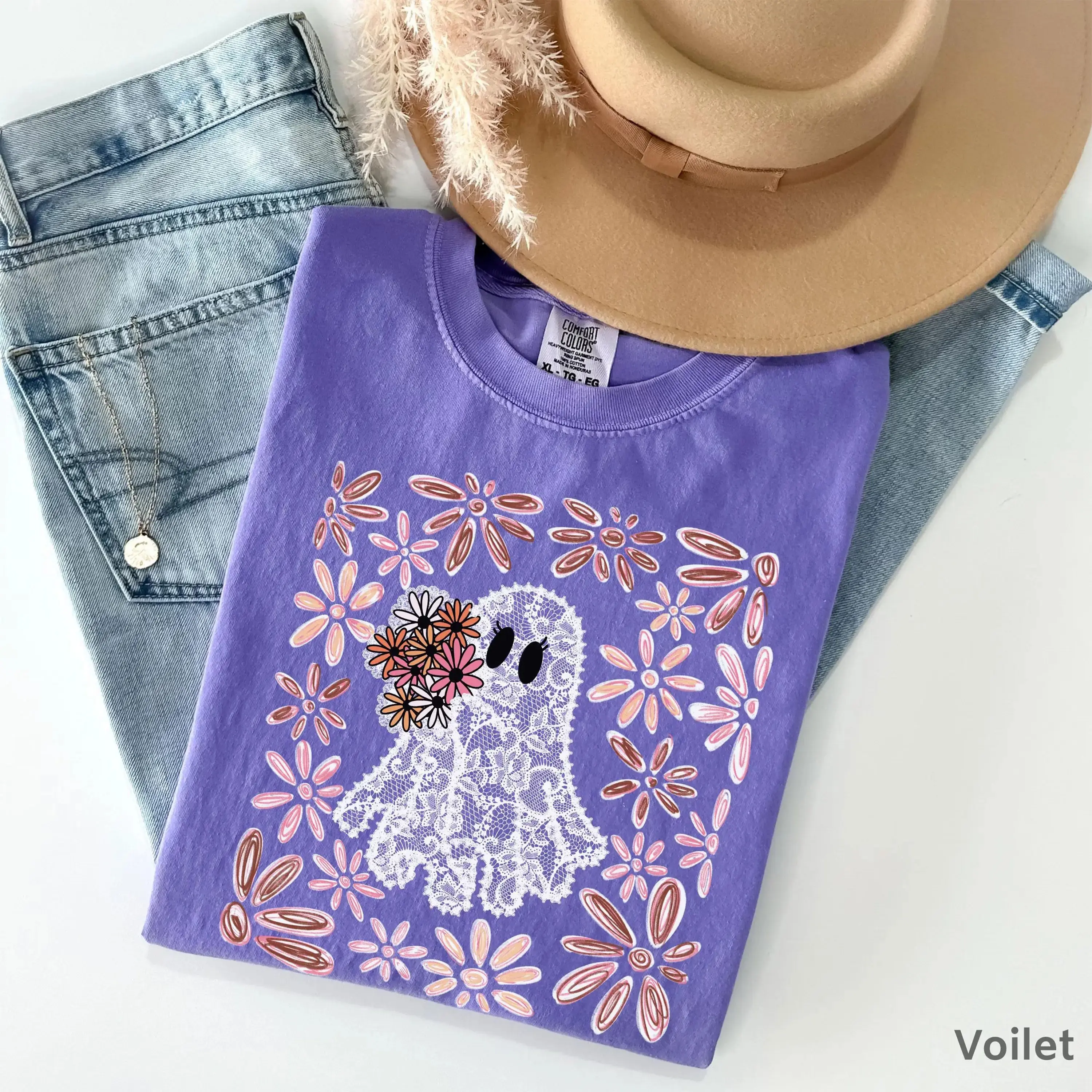 Lace Ghost Halloween Shirt for Women, Cute Spooky Season Boo Graphic Tee, Fall Bride Costume Gift Top - photo 5