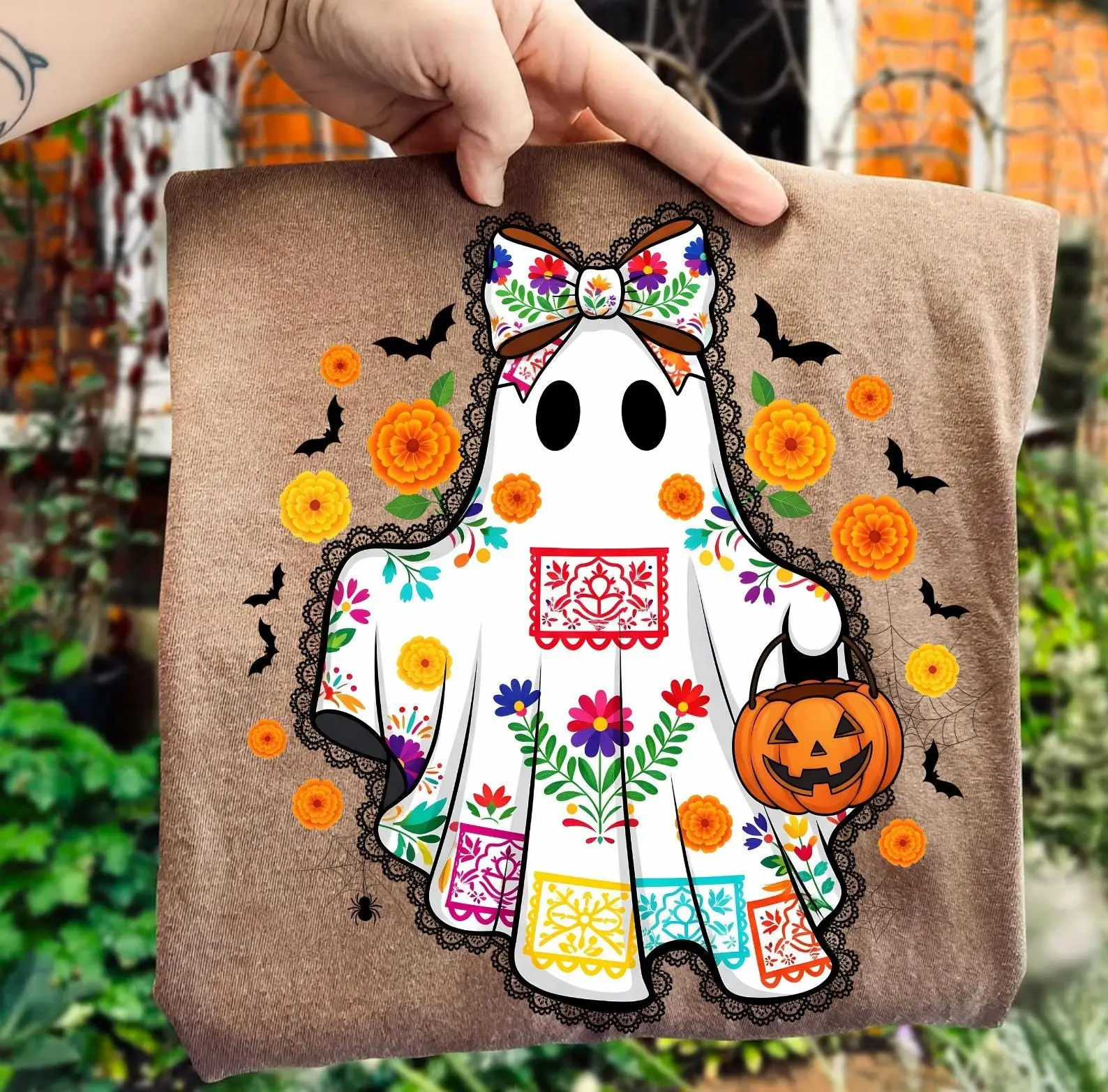 Lace Ghost Halloween Shirt for Women, Mexican Dia de los Muertos Cute Spooky Marigold Sugar Skull Graphic Top - photo 2