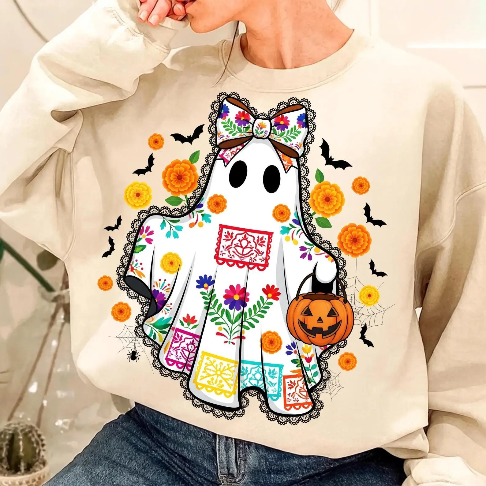Lace Ghost Halloween Sweatshirt for Women, Mexican Dia de los Muertos Cute Spooky Marigold Sugar Skull Crewneck - photo 3