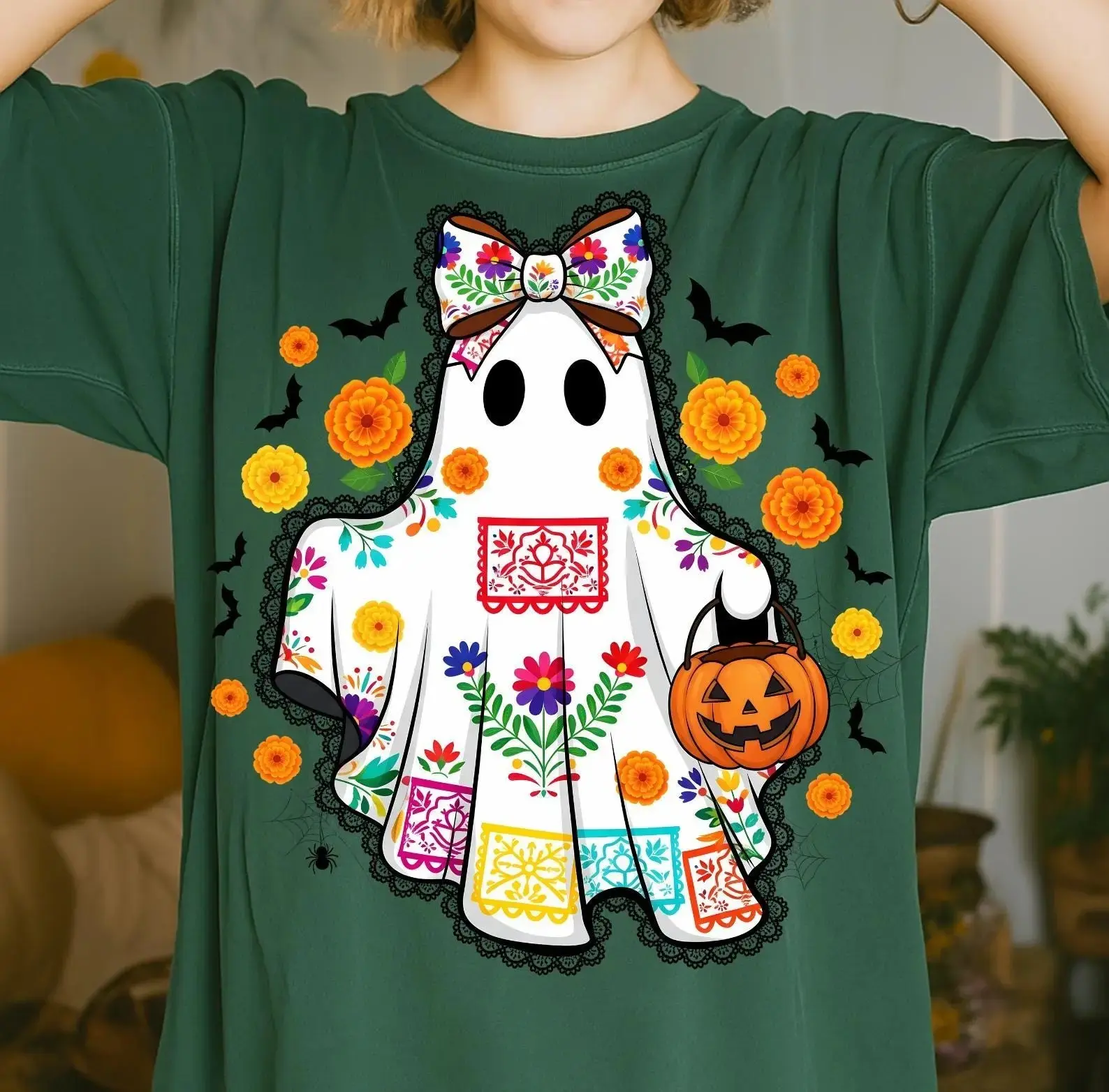Lace Ghost Halloween Shirt for Women, Mexican Dia de los Muertos Cute Spooky Marigold Sugar Skull Graphic Tee - photo 5