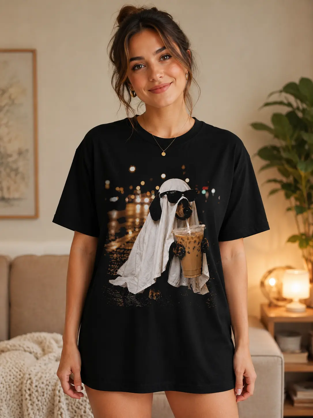 Lady's Casual Short Sleeve Round Neck Dachshund Ghost Iced Coffee Shirt, Funny Spooky Doxie Halloween Dog Parent Top