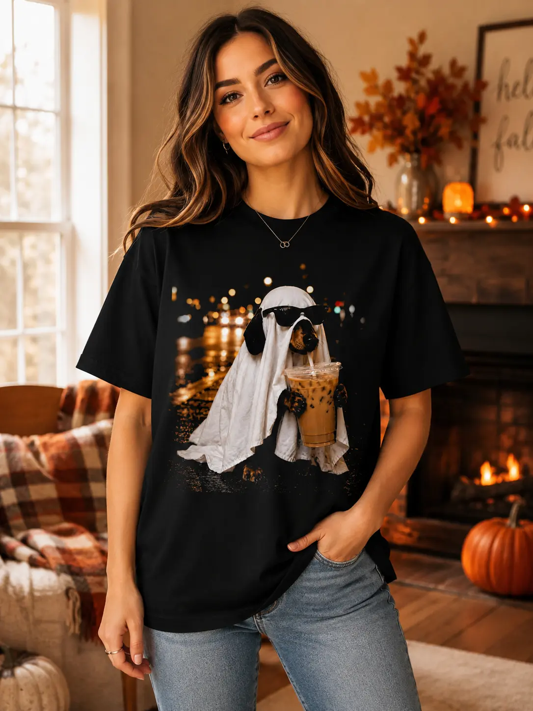 Lady's Casual Short Sleeve Round Neck Dachshund Ghost Iced Coffee Shirt, Funny Spooky Doxie Halloween Dog Parent Top - photo 2