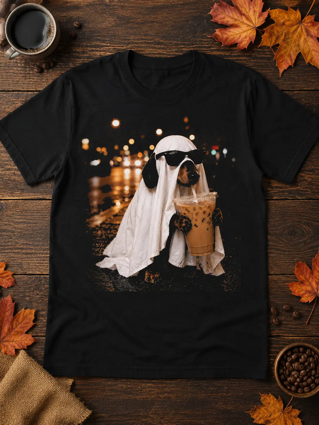 Lady's Casual Short Sleeve Round Neck Dachshund Ghost Iced Coffee Shirt, Funny Spooky Doxie Halloween Dog Parent Top - photo 3