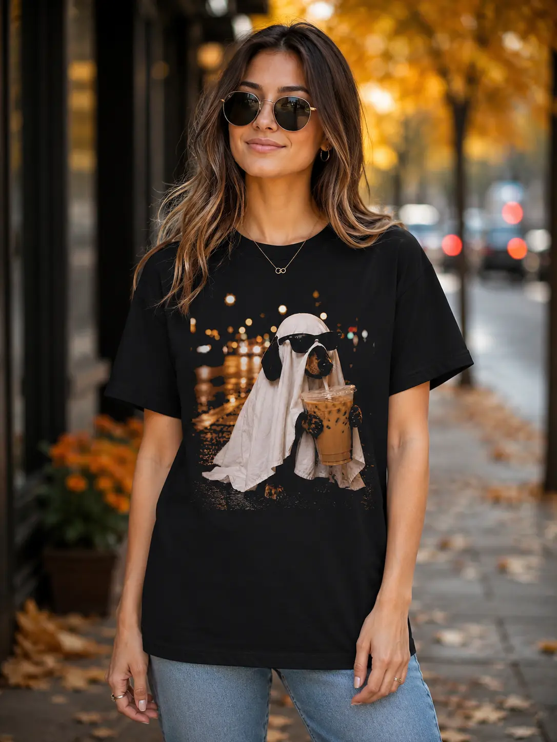 Lady's Casual Short Sleeve Round Neck Dachshund Ghost Iced Coffee Shirt, Funny Spooky Doxie Halloween Dog Parent Top - photo 4