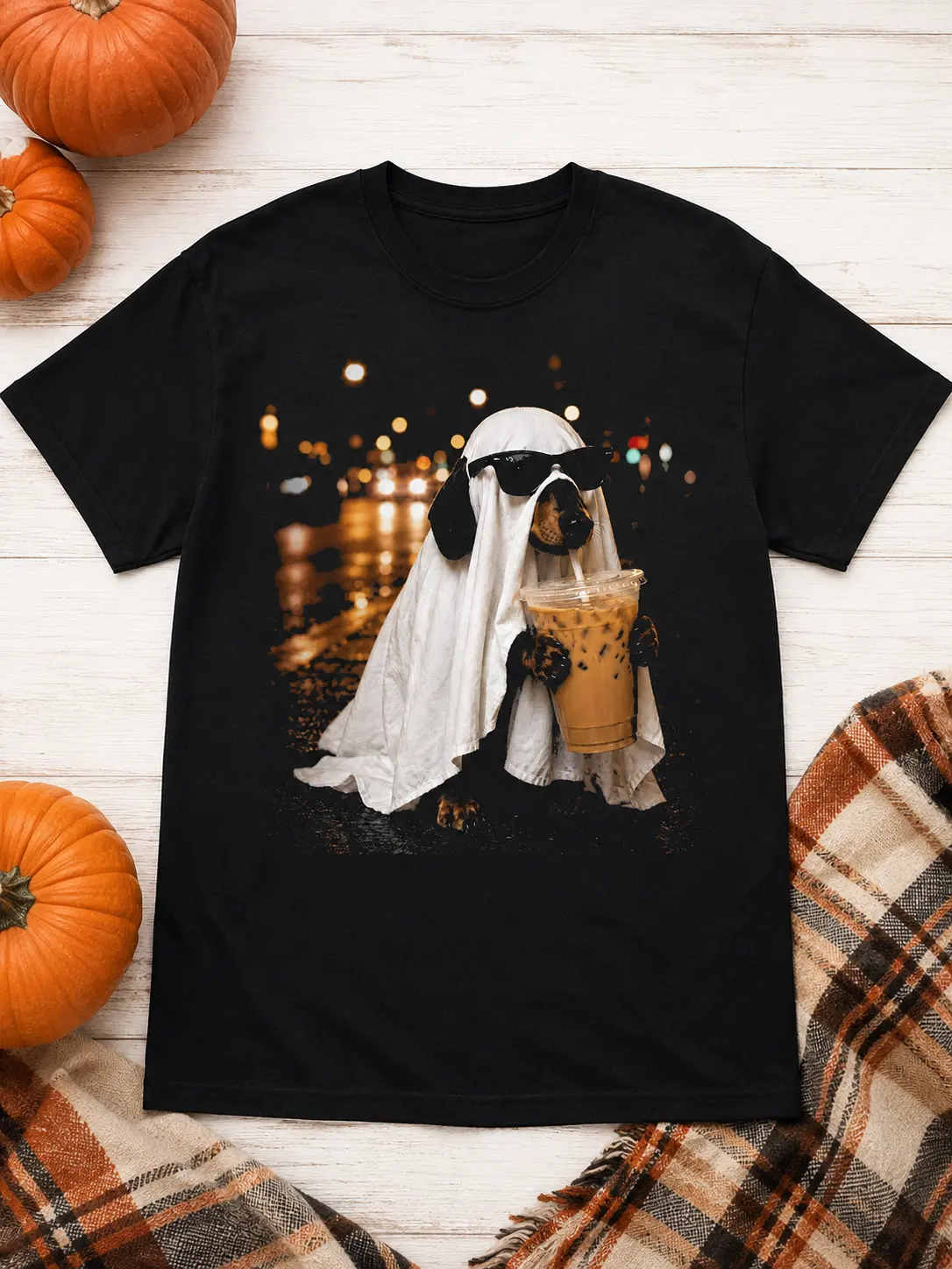 Lady's Casual Short Sleeve Round Neck Dachshund Ghost Iced Coffee Shirt, Funny Spooky Doxie Halloween Dog Parent Top - photo 5