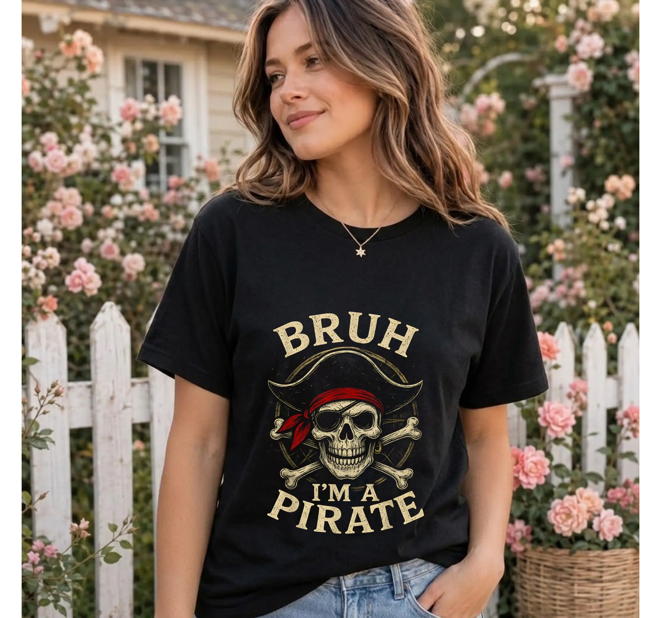 Lazy Pirate Costume Shirt, Funny Bruh Skull Easy Halloween Graphic Tee - photo 2