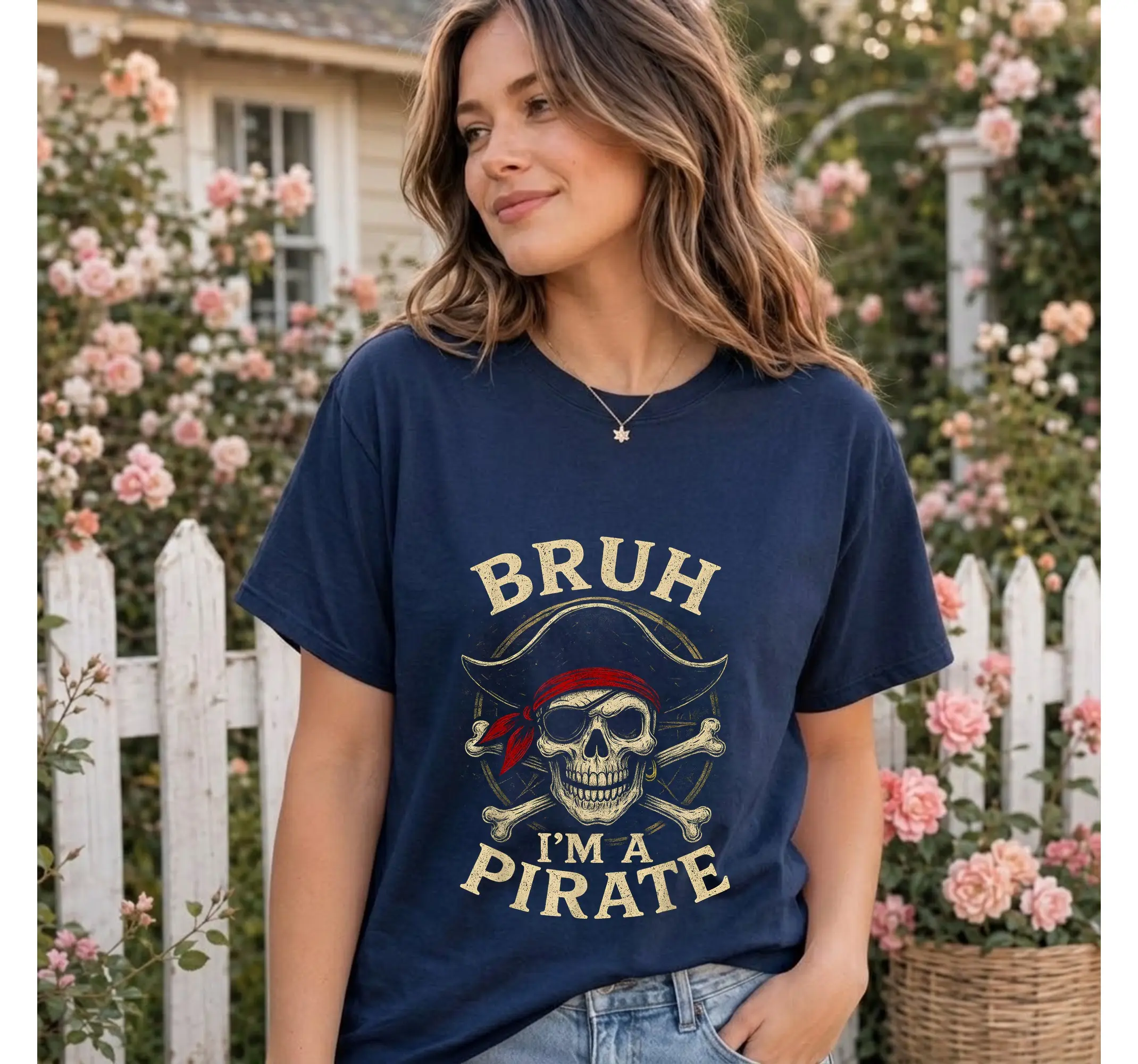 Lazy Pirate Costume Shirt, Funny Bruh Skull Easy Halloween Graphic Tee - photo 3