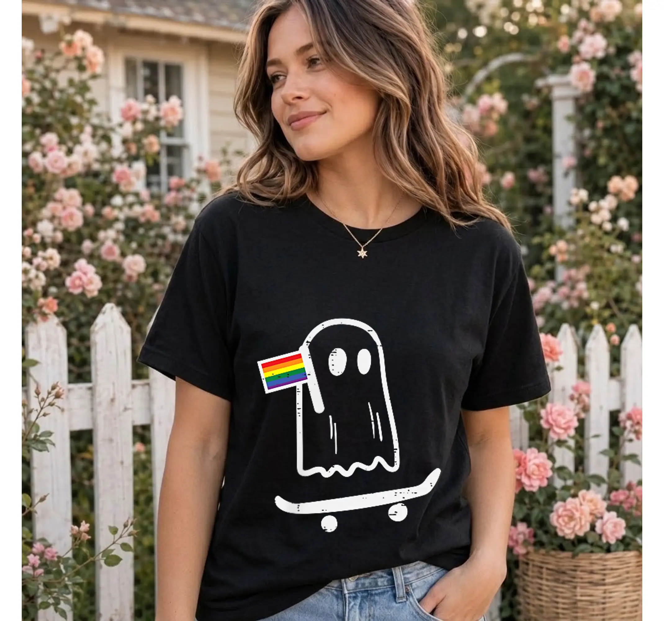 LGBTQ Pride Skater Ghost Shirt, Rainbow Flag Gay Skateboarding Graphic Tee