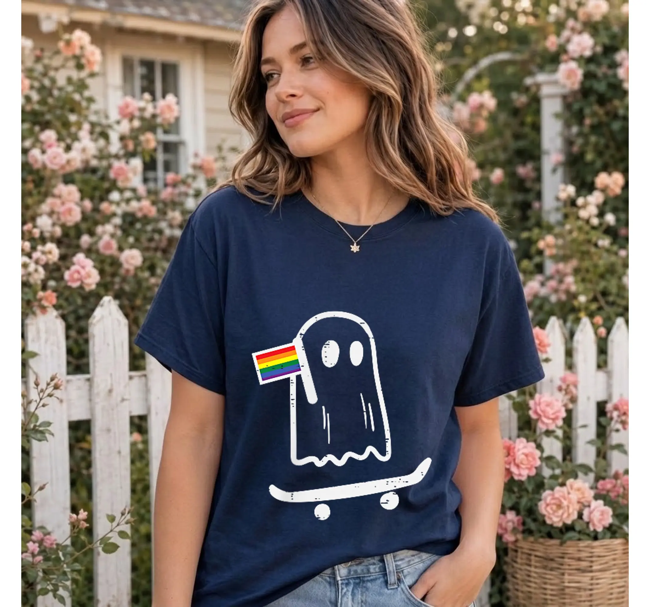 LGBTQ Pride Skater Ghost Shirt, Rainbow Flag Gay Skateboarding Graphic Tee - photo 2