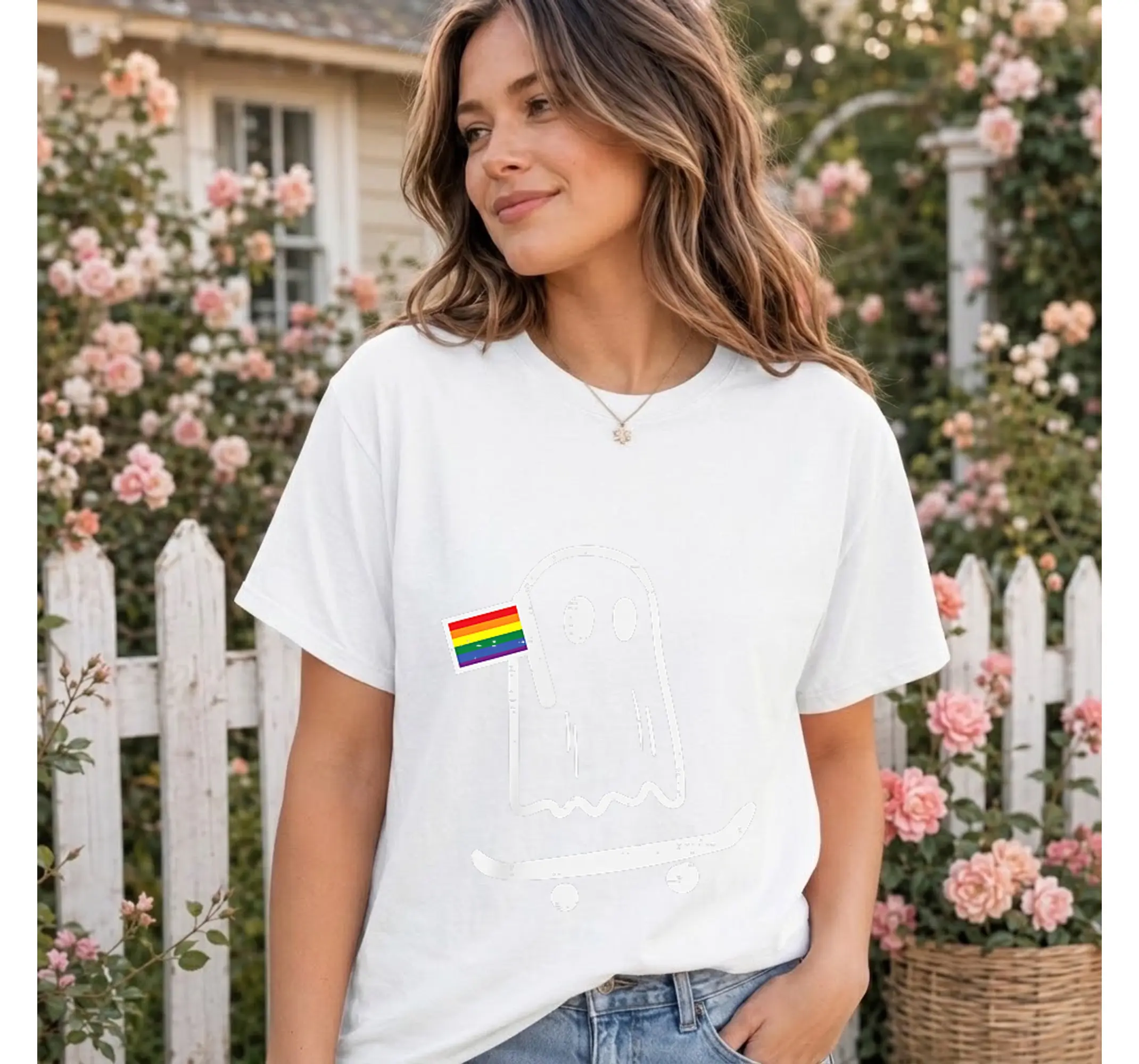 LGBTQ Pride Skater Ghost Shirt, Rainbow Flag Gay Skateboarding Graphic Tee - photo 3