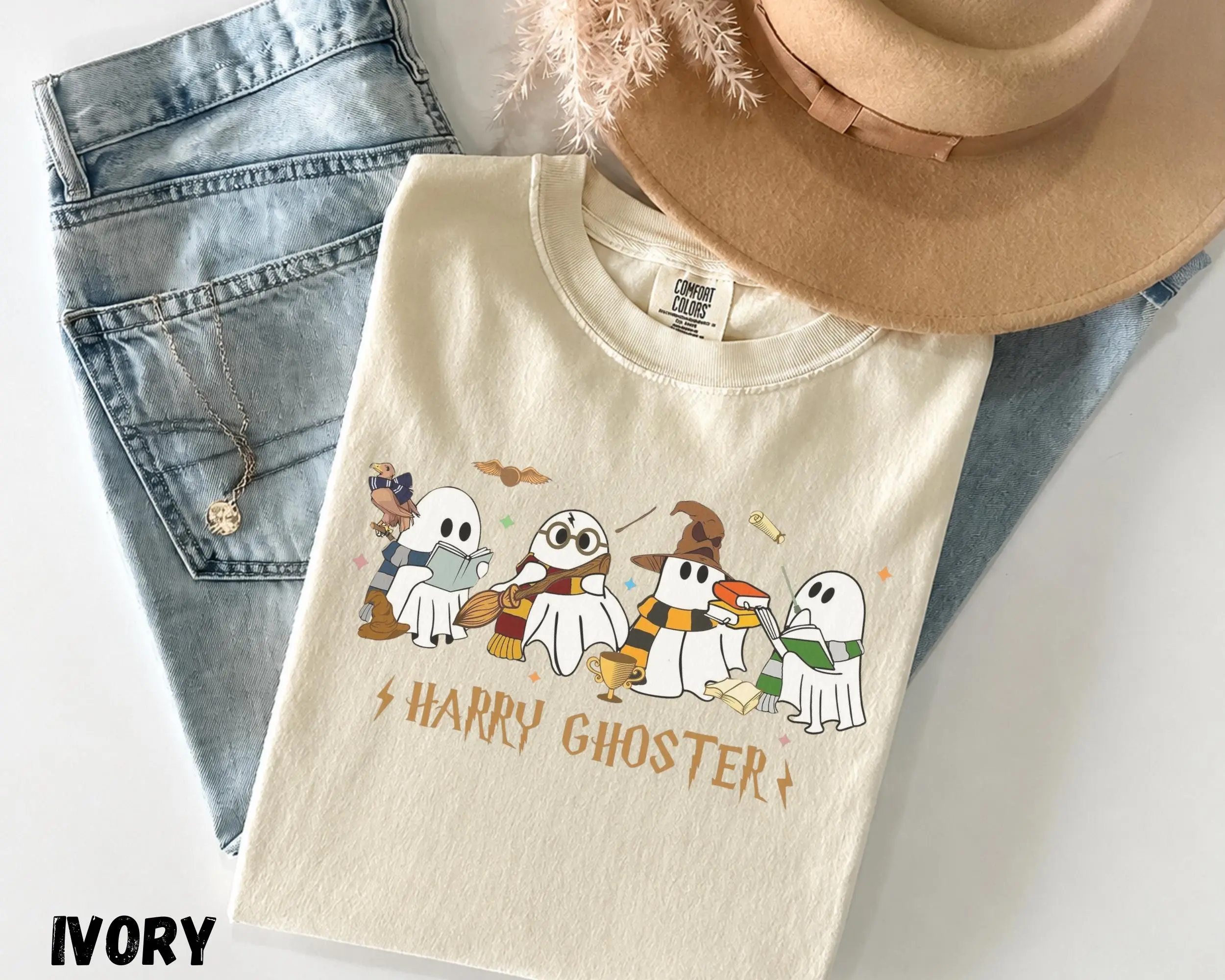 Magic School Ghost Halloween T-Shirt for Women, Cute Wizard Graphic Tee, Spooky Season Fall Top