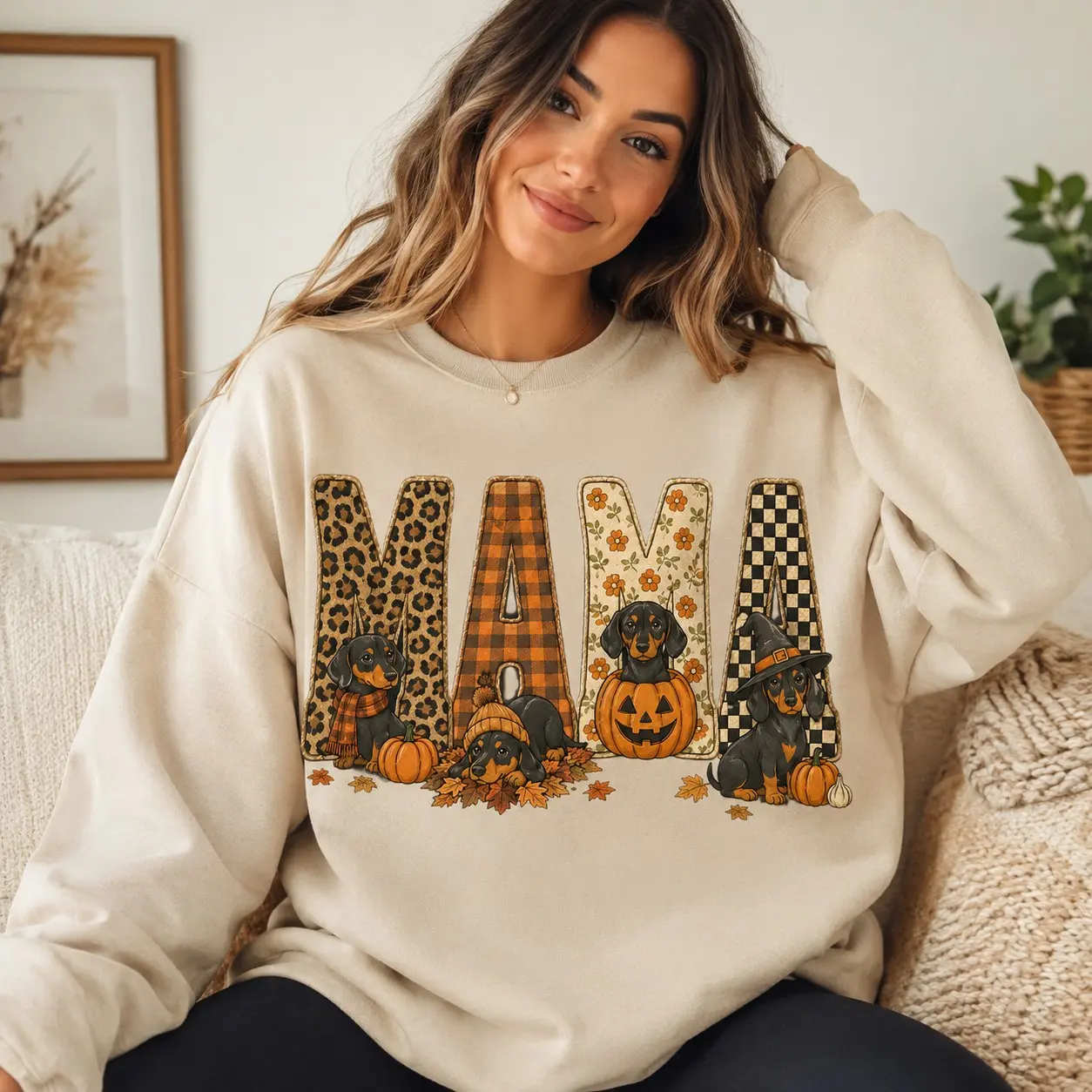 Mama Dachshund Halloween Sweatshirt, Cute Wiener Dog Pumpkin Crewneck, Leopard Checkered Fall Witch Graphic Tee
