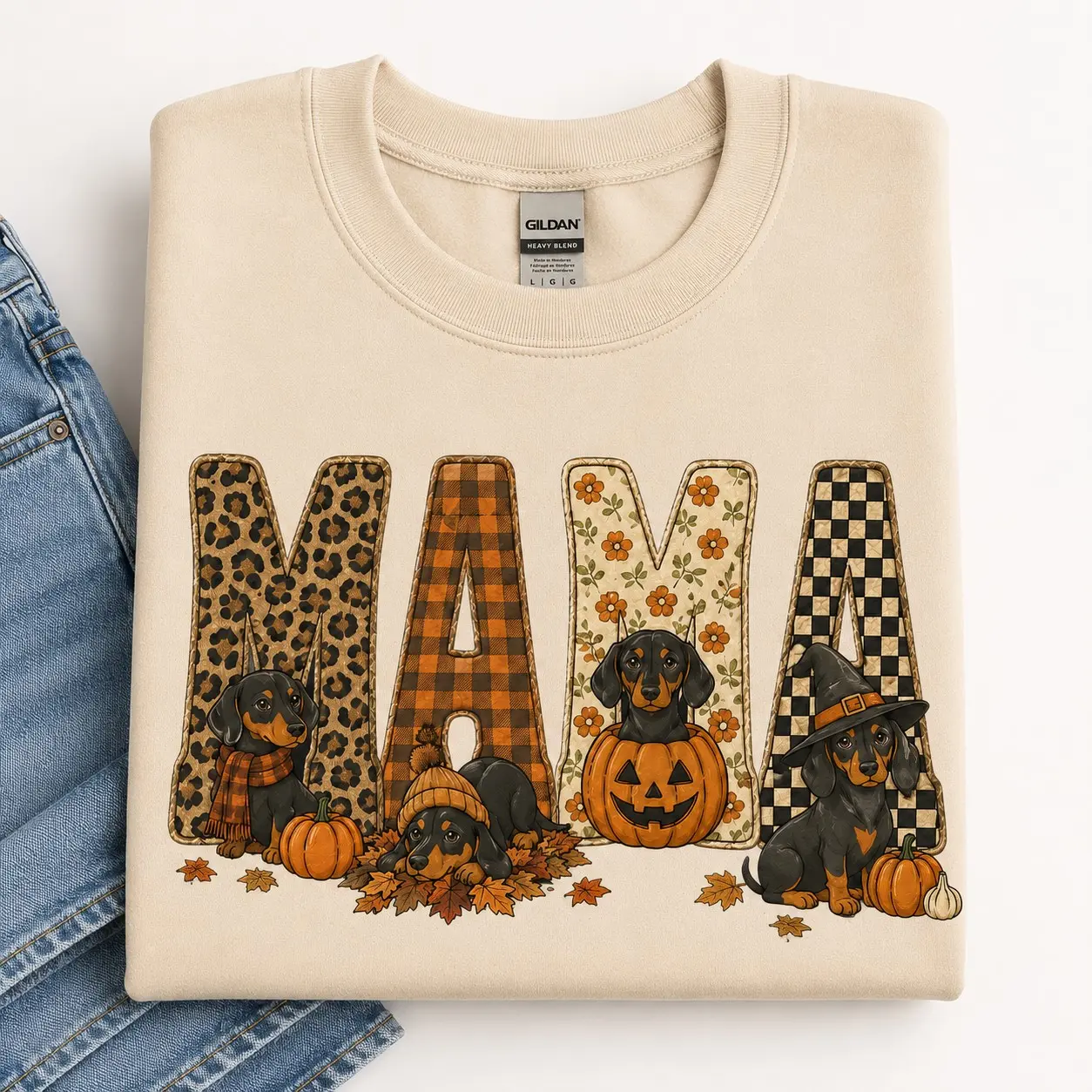 Mama Dachshund Halloween Sweatshirt, Cute Wiener Dog Pumpkin Crewneck, Leopard Checkered Fall Witch Graphic Tee - photo 2