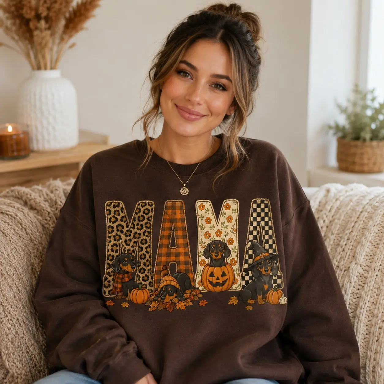 Mama Dachshund Halloween Sweatshirt, Cute Wiener Dog Pumpkin Crewneck, Leopard Checkered Fall Witch Graphic Tee - photo 3