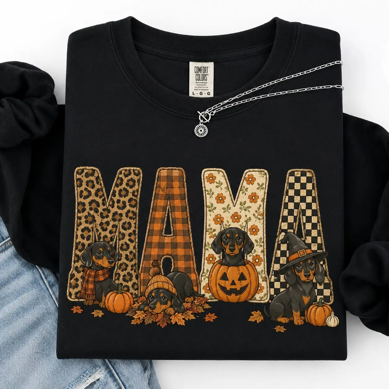 Mama Dachshund Halloween Sweatshirt, Cute Wiener Dog Pumpkin Crewneck, Leopard Checkered Fall Witch Graphic Tee - photo 4
