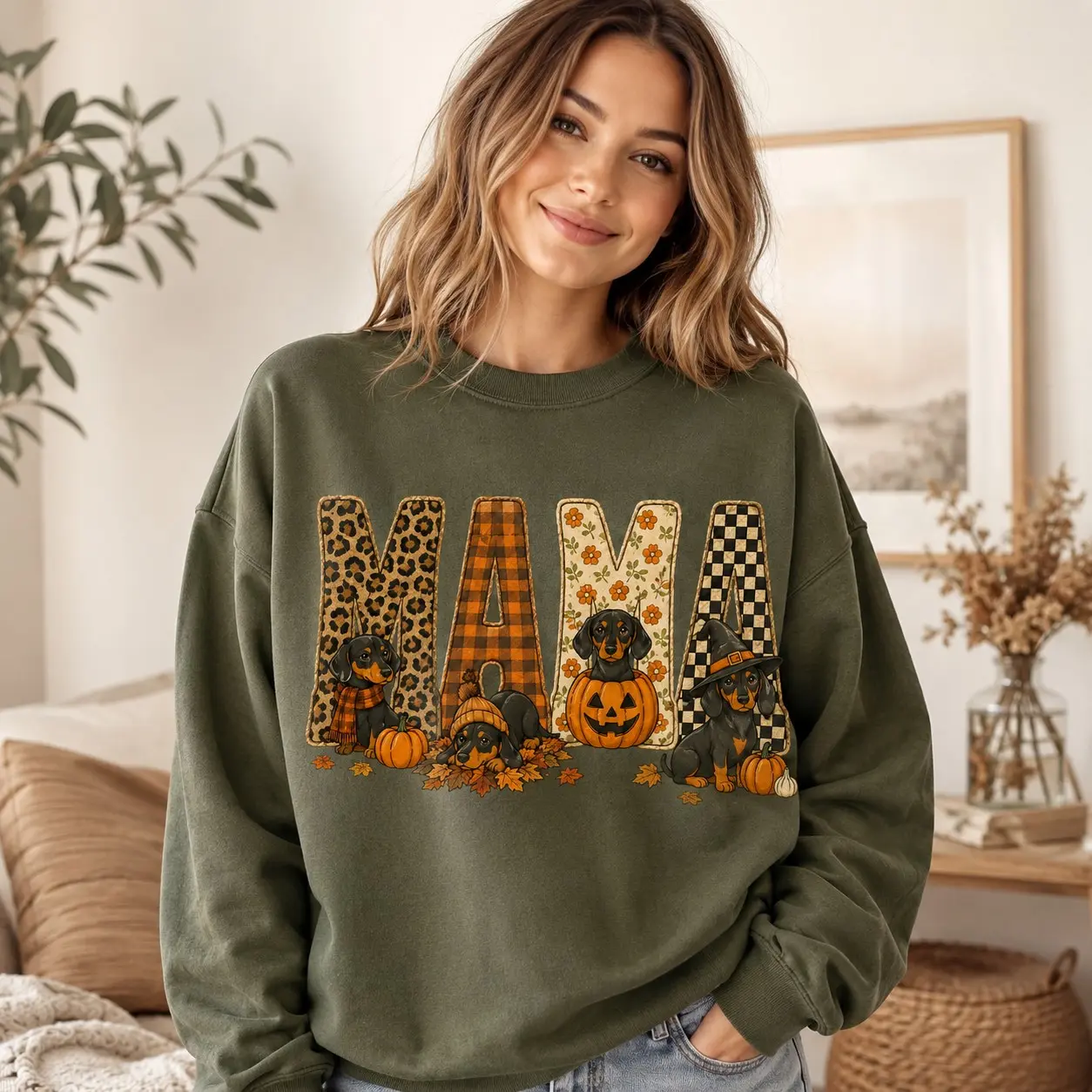 Mama Dachshund Halloween Sweatshirt, Cute Wiener Dog Pumpkin Crewneck, Leopard Checkered Fall Witch Graphic Tee - photo 5