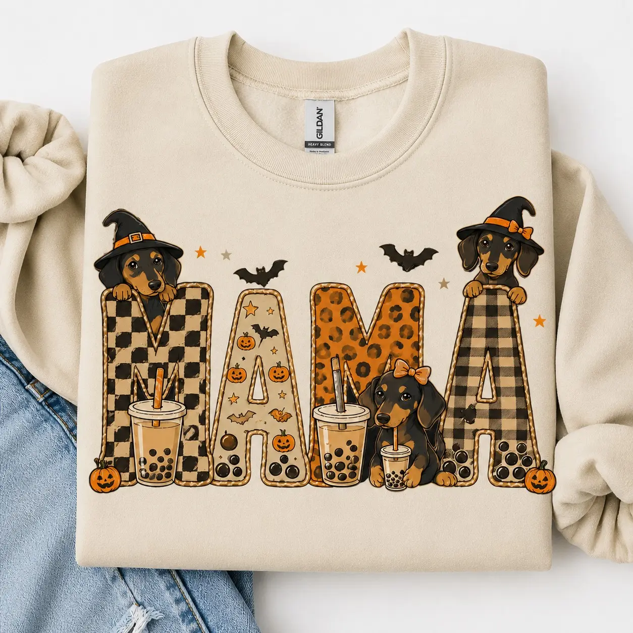 Mama Halloween Dachshund Sweatshirt, Leopard Checkered Witch Wiener Dog Bubble Tea Pumpkin Fall Crewneck - photo 1