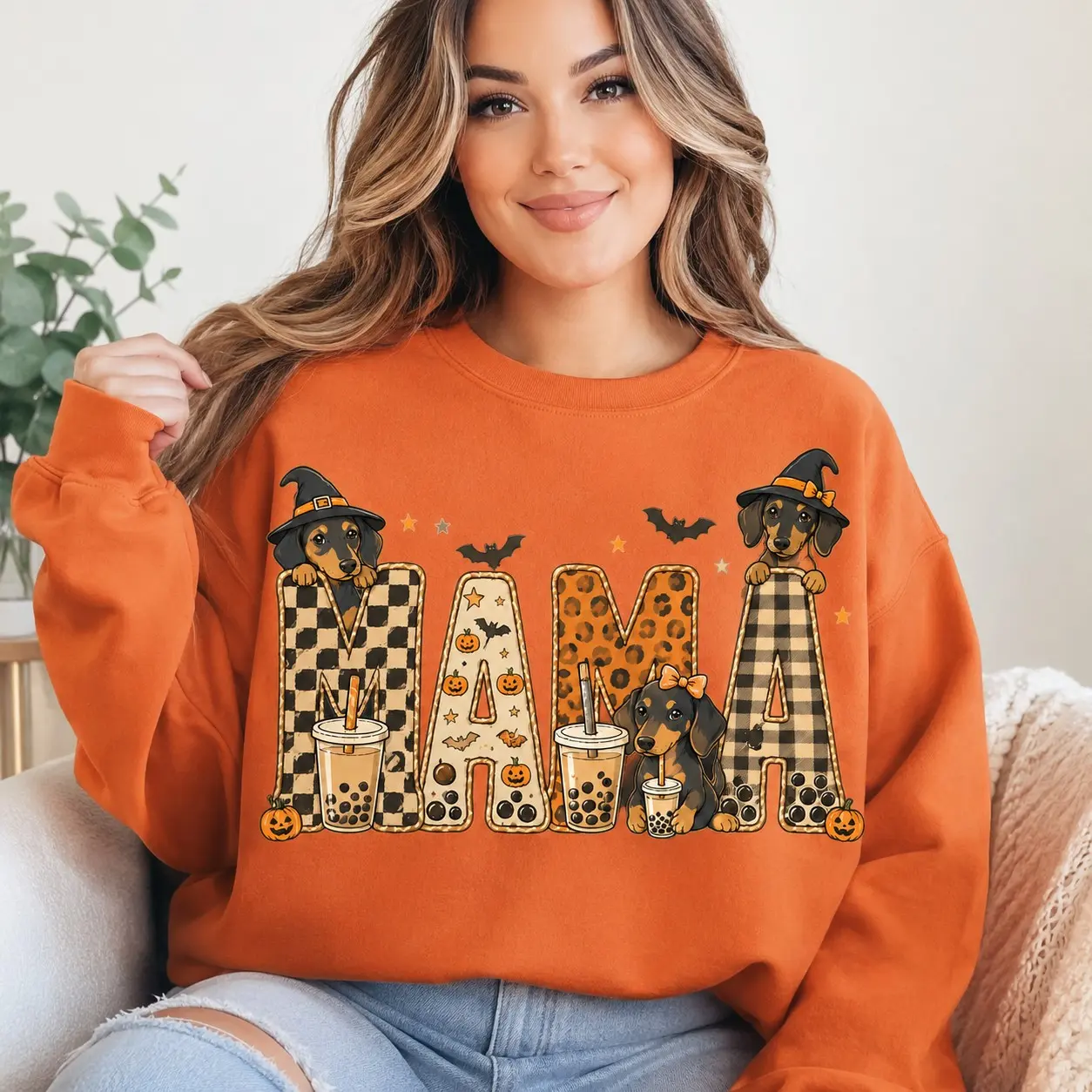 Mama Halloween Dachshund Sweatshirt, Leopard Checkered Witch Wiener Dog Bubble Tea Pumpkin Fall Crewneck - photo 2