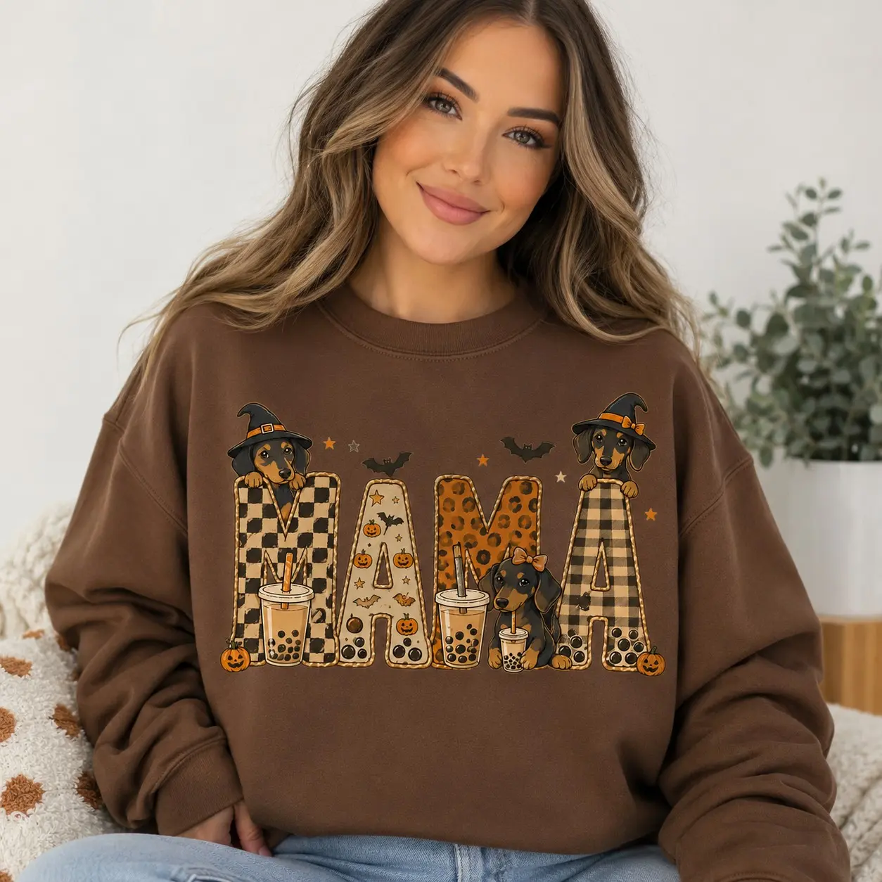 Mama Halloween Dachshund Sweatshirt, Leopard Checkered Witch Wiener Dog Bubble Tea Pumpkin Fall Crewneck - photo 3