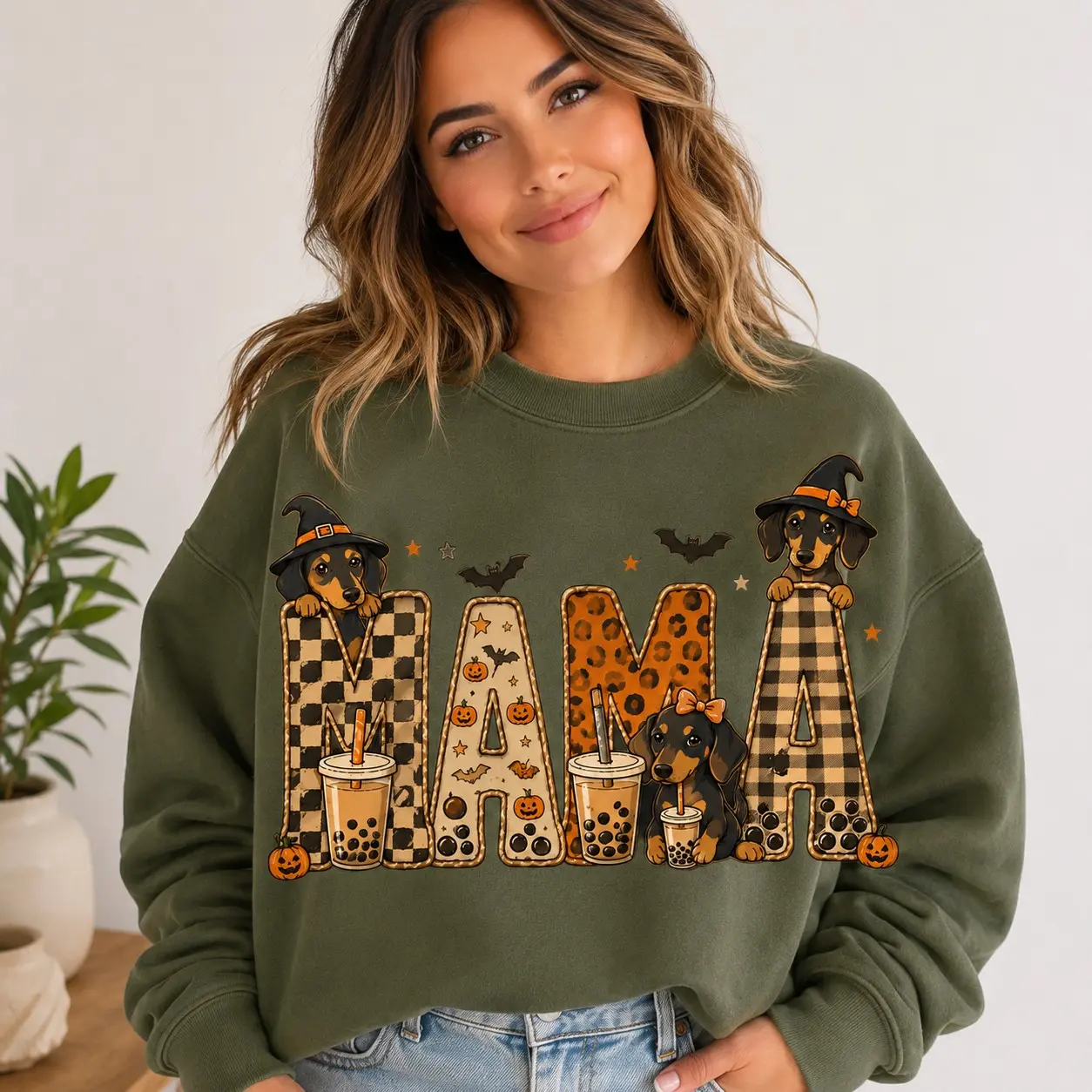 Mama Halloween Dachshund Sweatshirt, Leopard Checkered Witch Wiener Dog Bubble Tea Pumpkin Fall Crewneck - photo 4