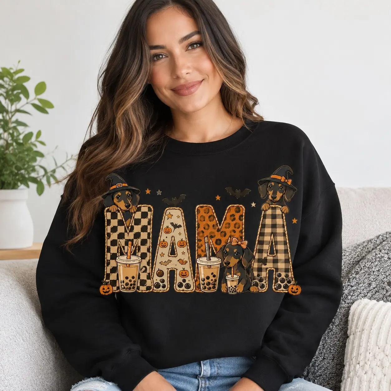 Mama Halloween Dachshund Sweatshirt, Leopard Checkered Witch Wiener Dog Bubble Tea Pumpkin Fall Crewneck - photo 5