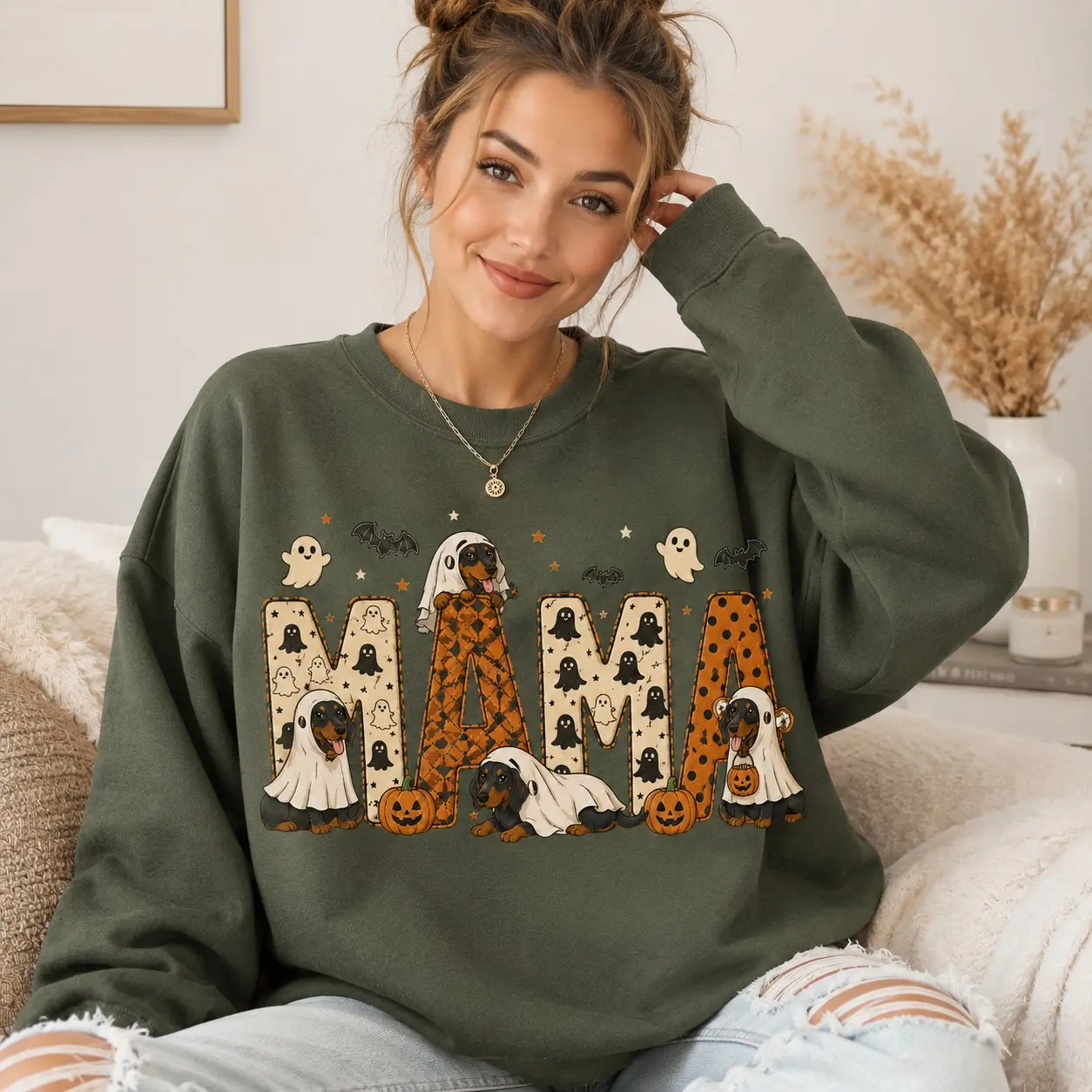 Mama Halloween Dachshund Crewneck, Ghost Bat Pumpkin Pattern Spooky Wiener Dog Womens Sweatshirt - photo 3