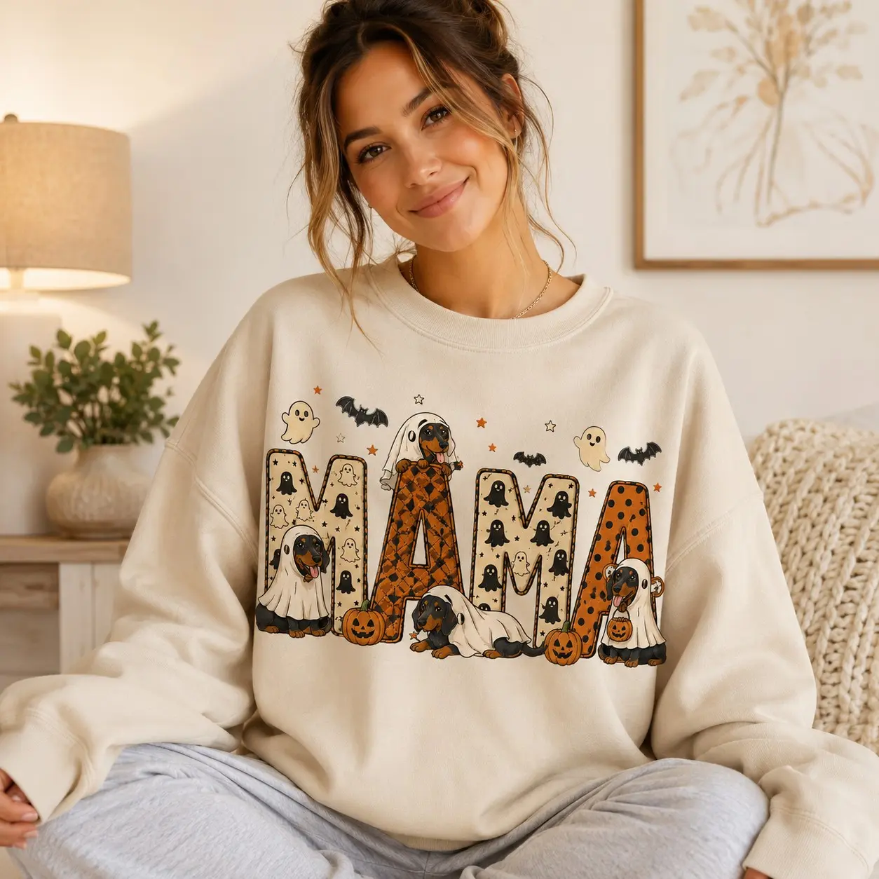 Mama Halloween Dachshund Crewneck, Ghost Bat Pumpkin Pattern Spooky Wiener Dog Womens Sweatshirt - photo 4