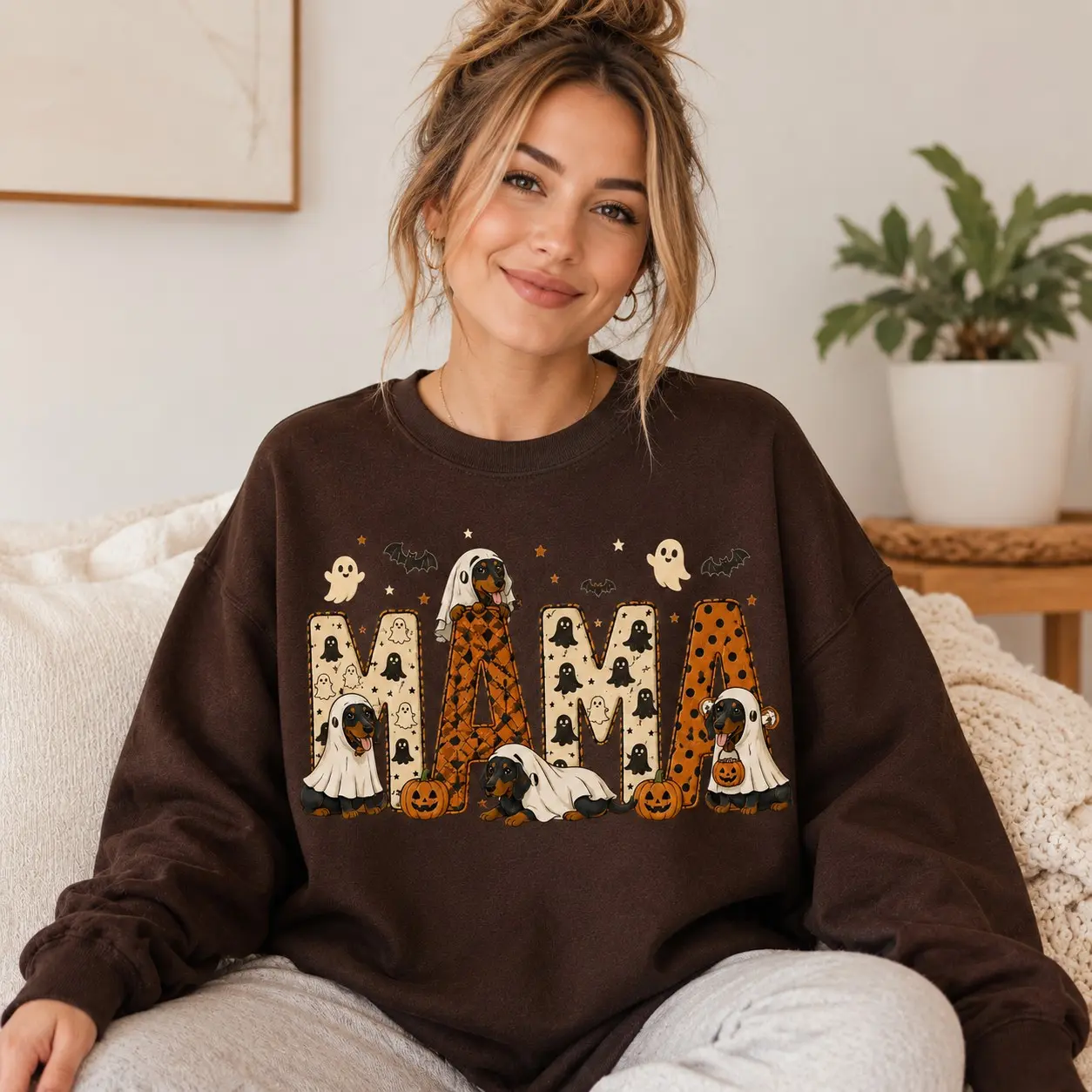 Mama Halloween Dachshund Crewneck, Ghost Bat Pumpkin Pattern Spooky Wiener Dog Womens Sweatshirt - photo 5