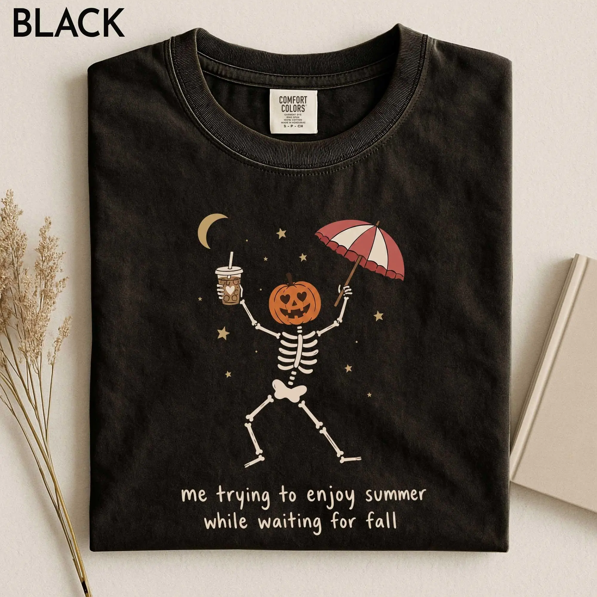 Me Trying to Enjoy Summer While Waiting for Fall Shirt, Women's Halloween Pumpkin Skeleton Funny Autumn Graphic Tee