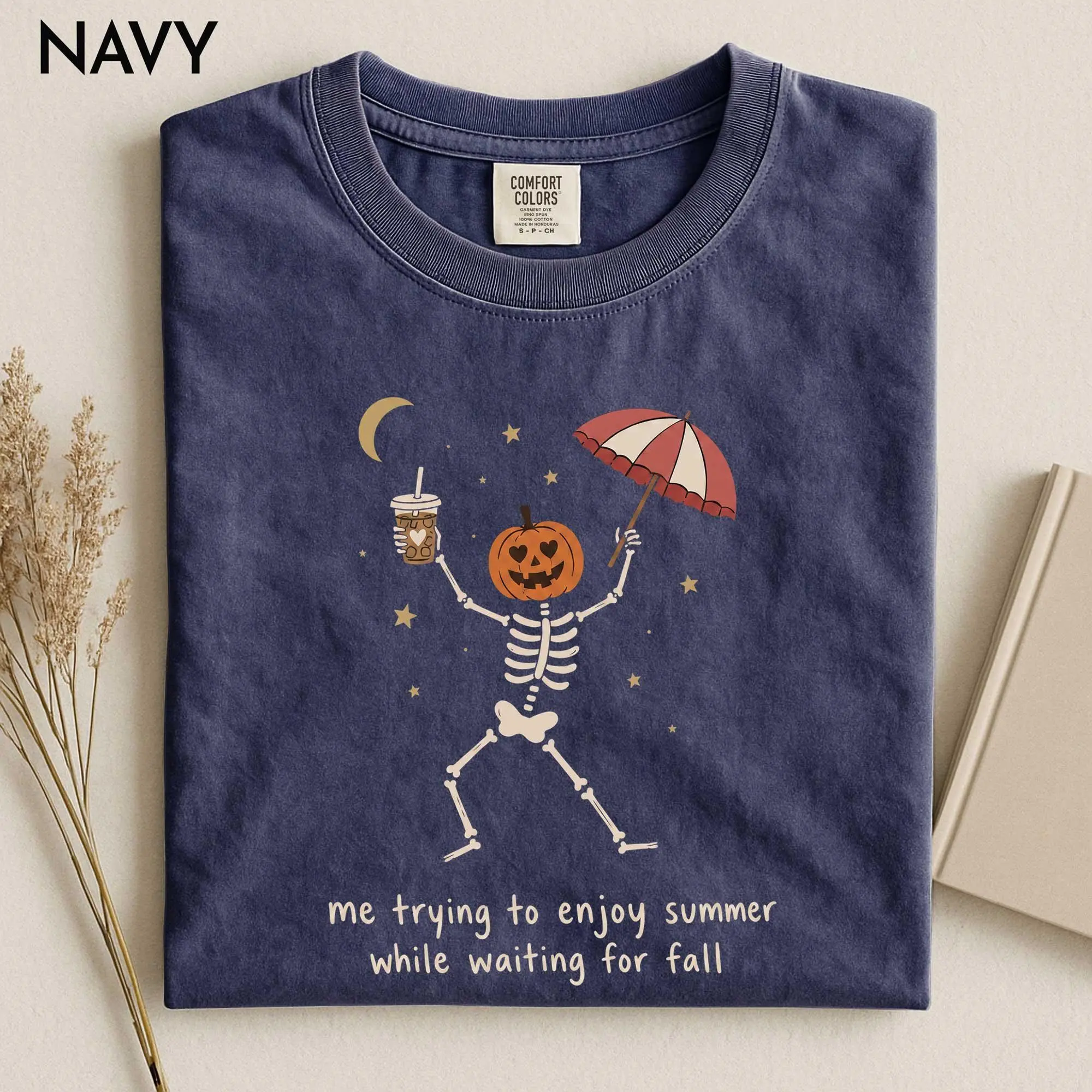 Me Trying to Enjoy Summer While Waiting for Fall Shirt, Women's Halloween Pumpkin Skeleton Funny Autumn Graphic Tee - photo 2
