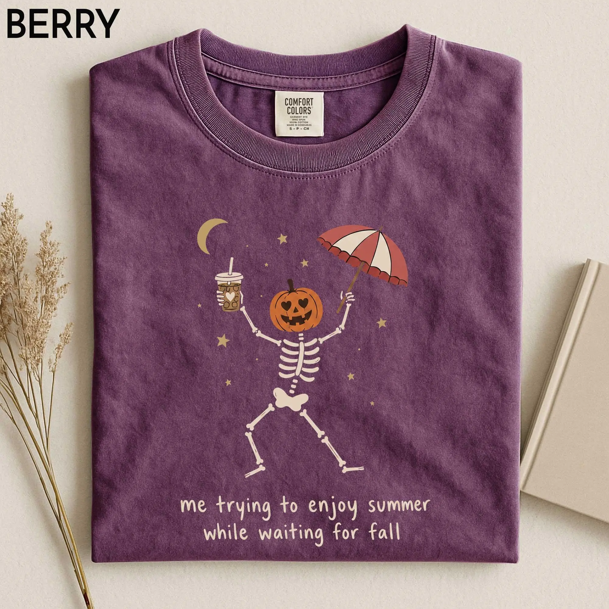 Me Trying to Enjoy Summer While Waiting for Fall Shirt, Women's Halloween Pumpkin Skeleton Funny Autumn Graphic Tee - photo 3