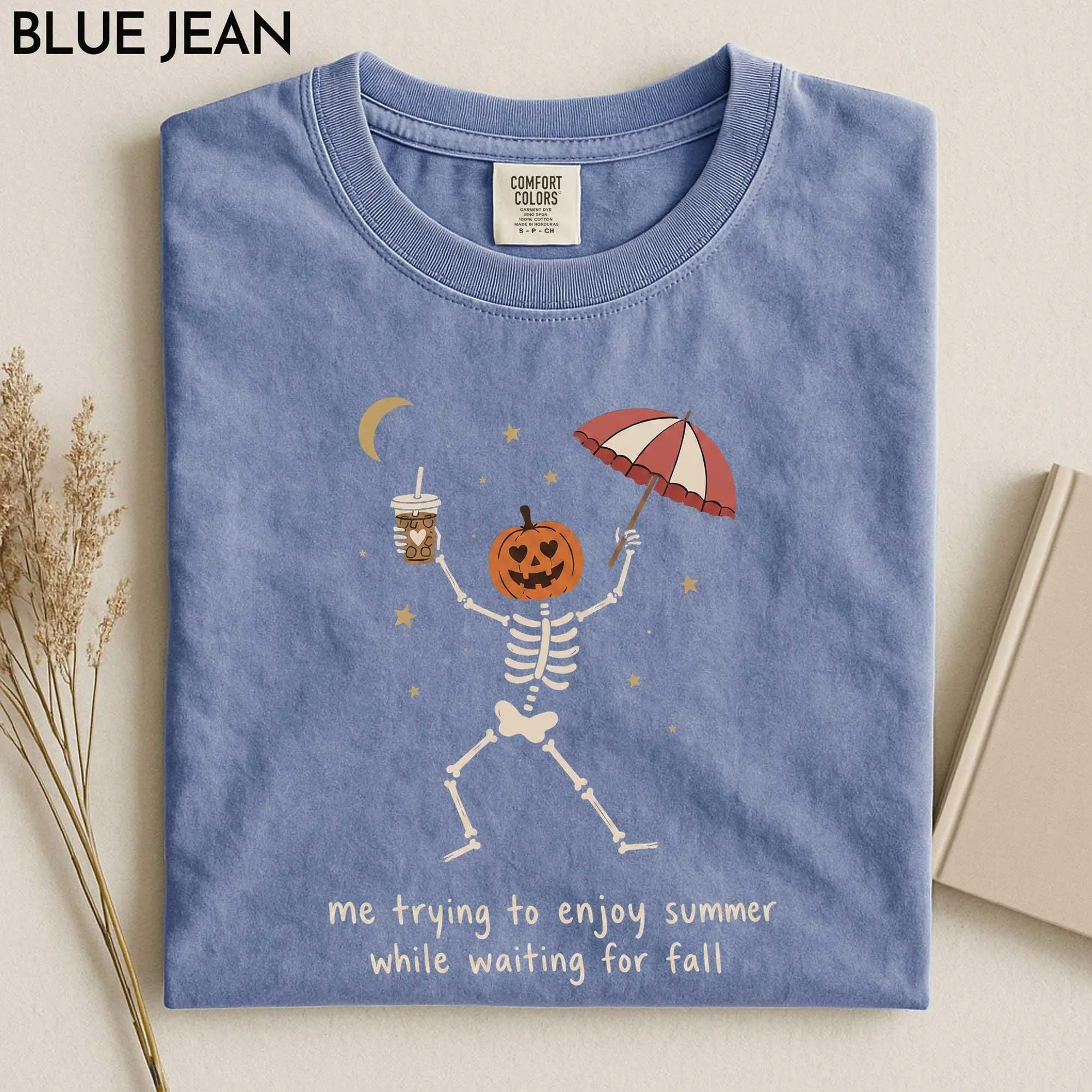 Me Trying to Enjoy Summer While Waiting for Fall Shirt, Women's Halloween Pumpkin Skeleton Funny Autumn Graphic Tee - photo 4