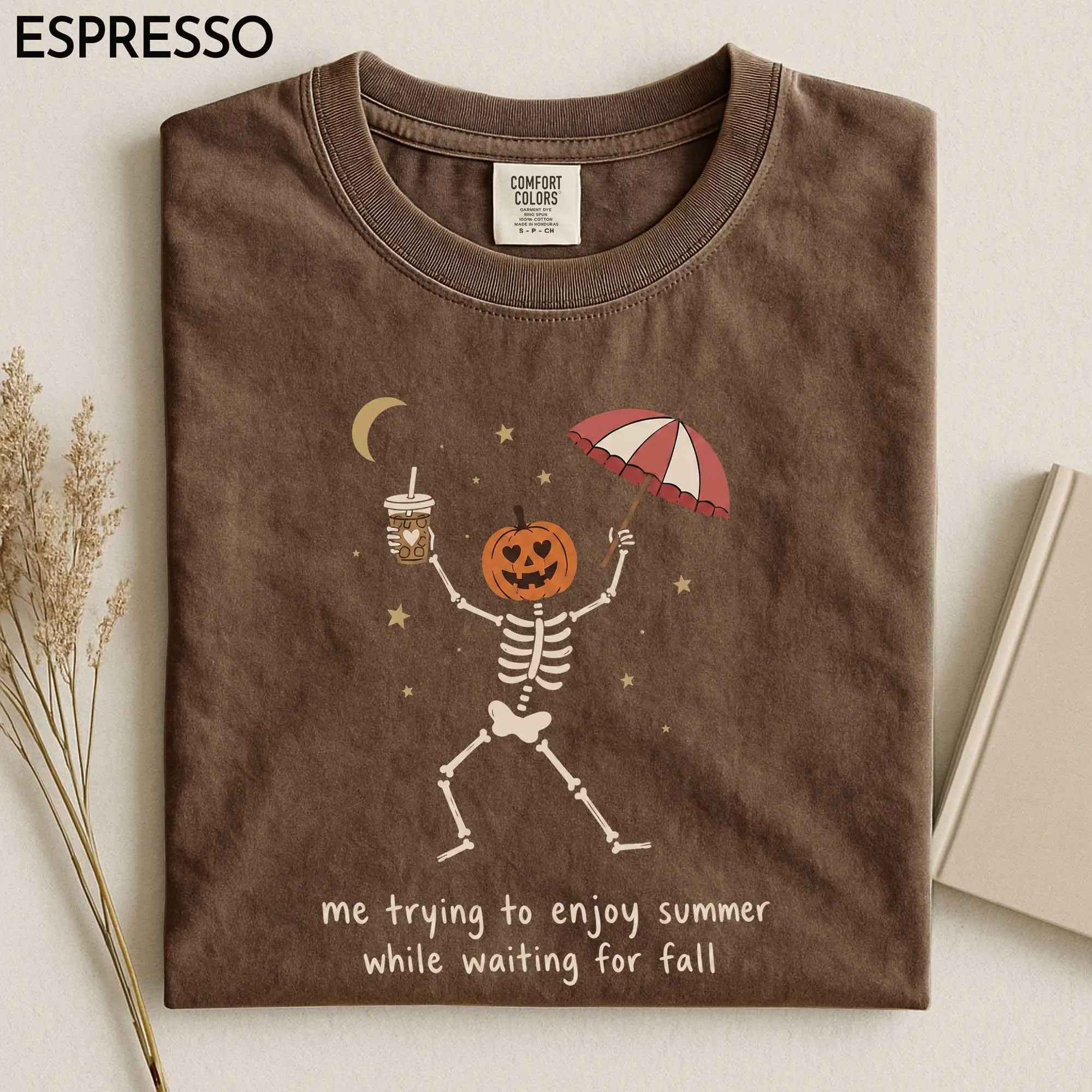 Me Trying to Enjoy Summer While Waiting for Fall Shirt, Women's Halloween Pumpkin Skeleton Funny Autumn Graphic Tee - photo 5