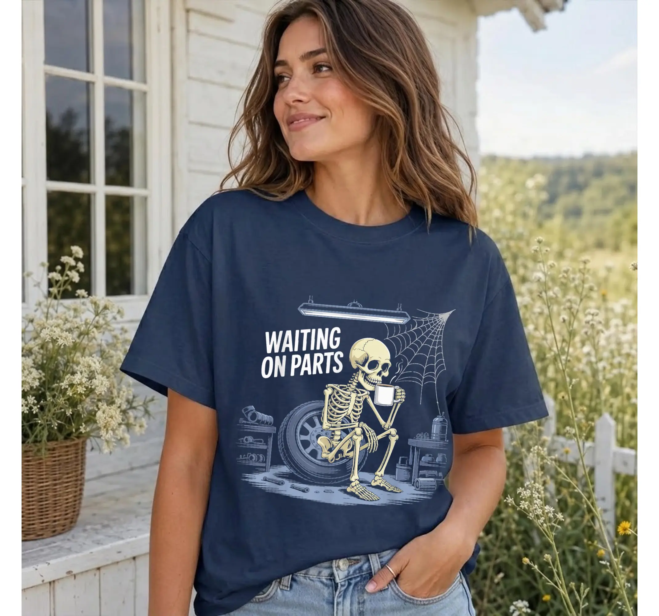 Mechanic Skeleton Graphic Tee, Funny Auto Repair Waiting On Parts Shirt