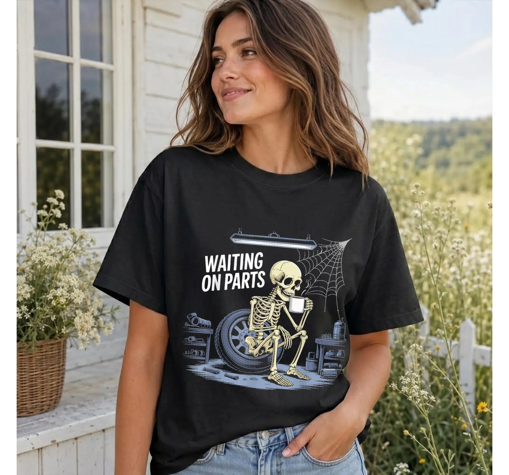 Mechanic Skeleton Graphic Tee, Funny Auto Repair Waiting On Parts Shirt - photo 2