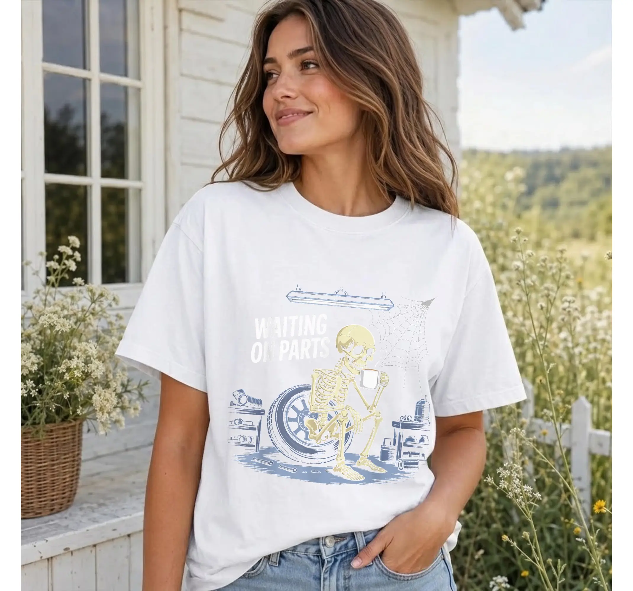 Mechanic Skeleton Graphic Tee, Funny Auto Repair Waiting On Parts Shirt - photo 3