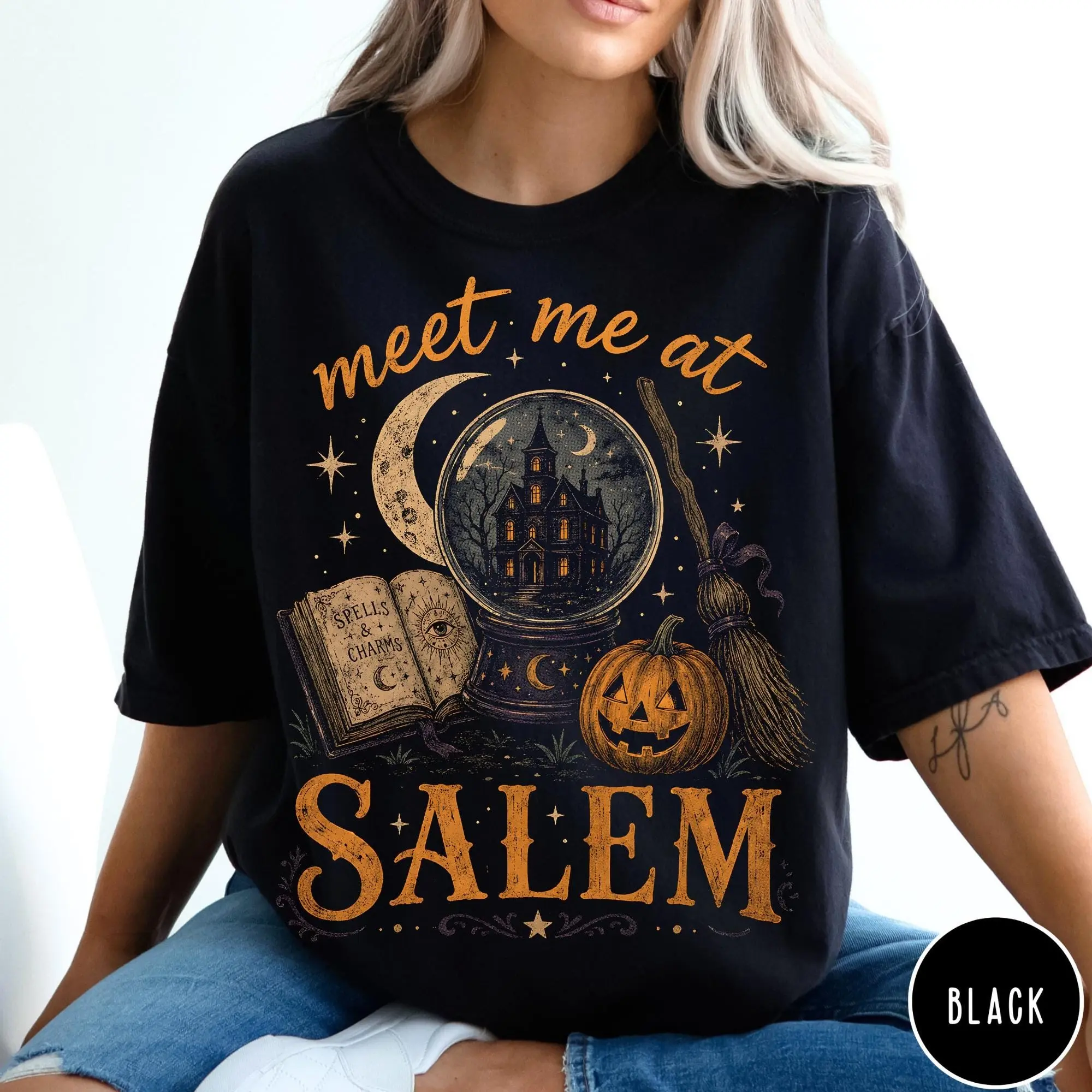 Meet Me At Salem Comfort Colors Shirt, Witchy Crystal Ball Halloween Tee, Spooky Season Graphic Top - photo 5