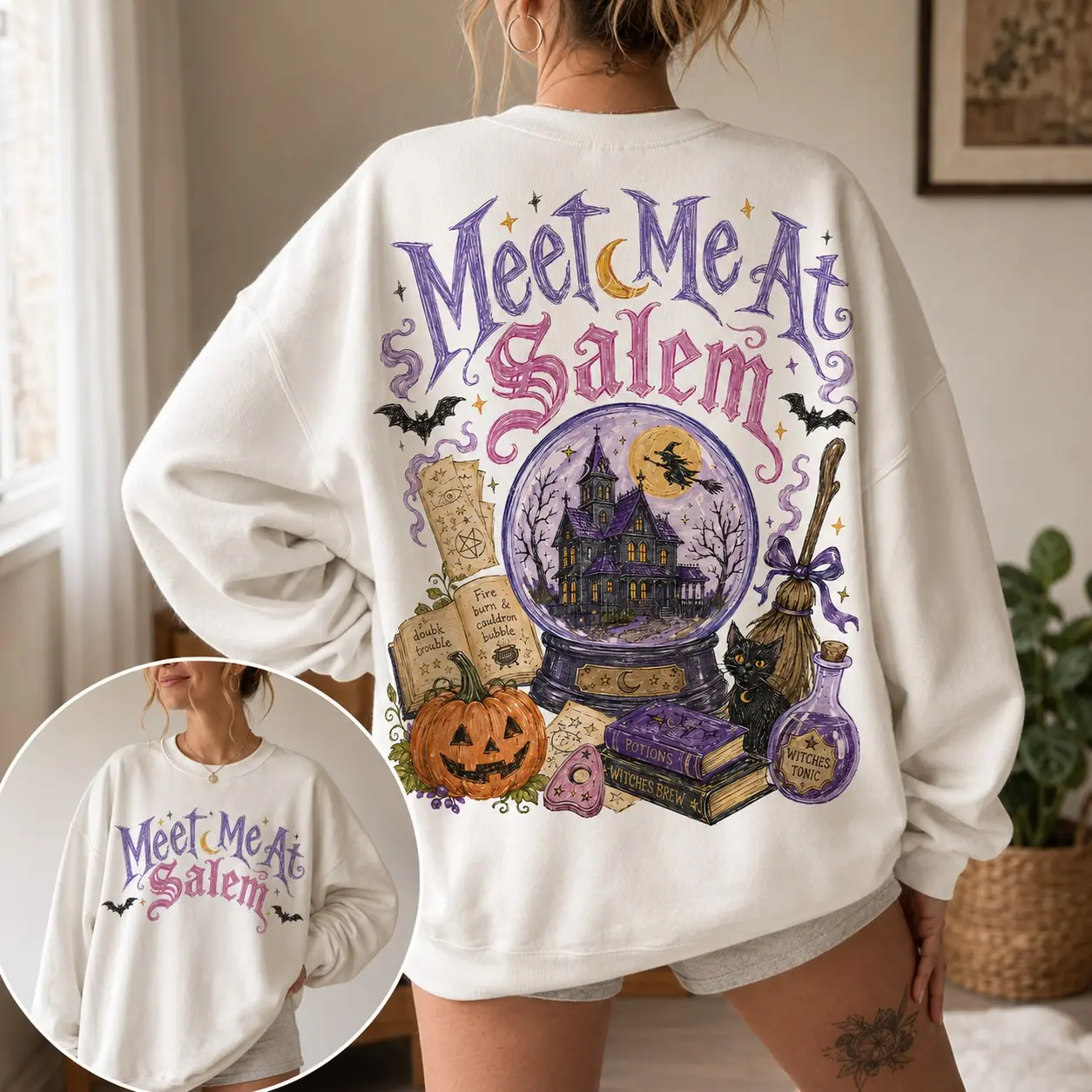 Meet Me At Salem Witch Hoodie, Retro Halloween Front and Back Design, Witchy Fall Graphic Pullover - photo 2