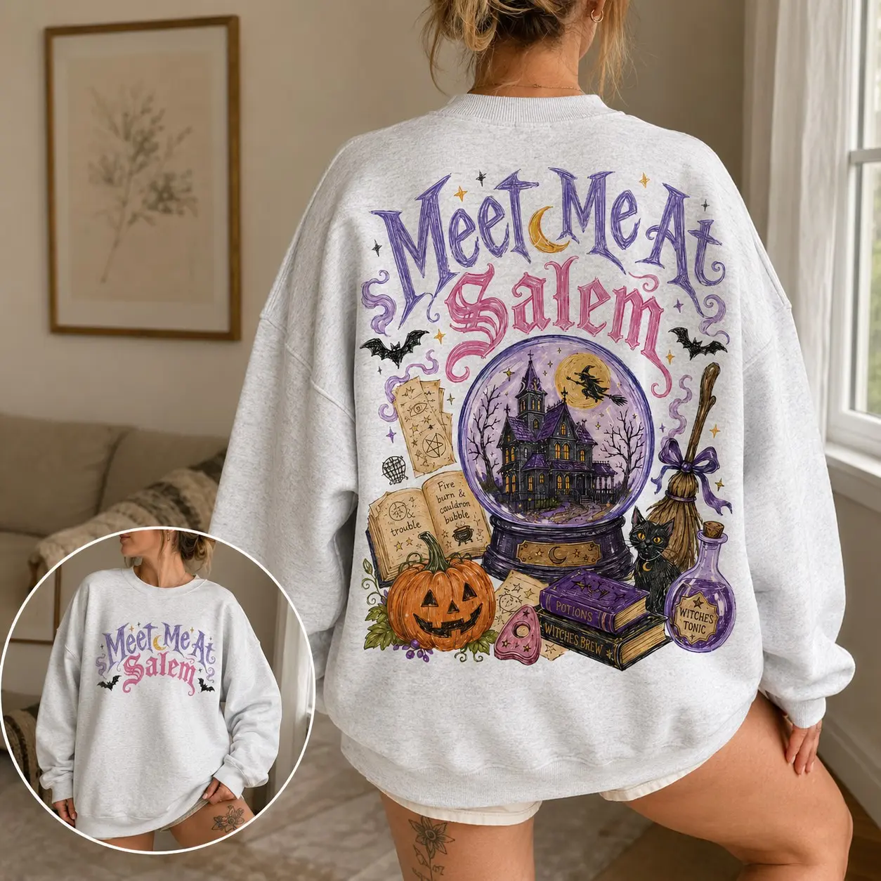 Meet Me At Salem Witch Sweatshirt, Retro Halloween Front and Back Design, Witchy Fall Graphic Top