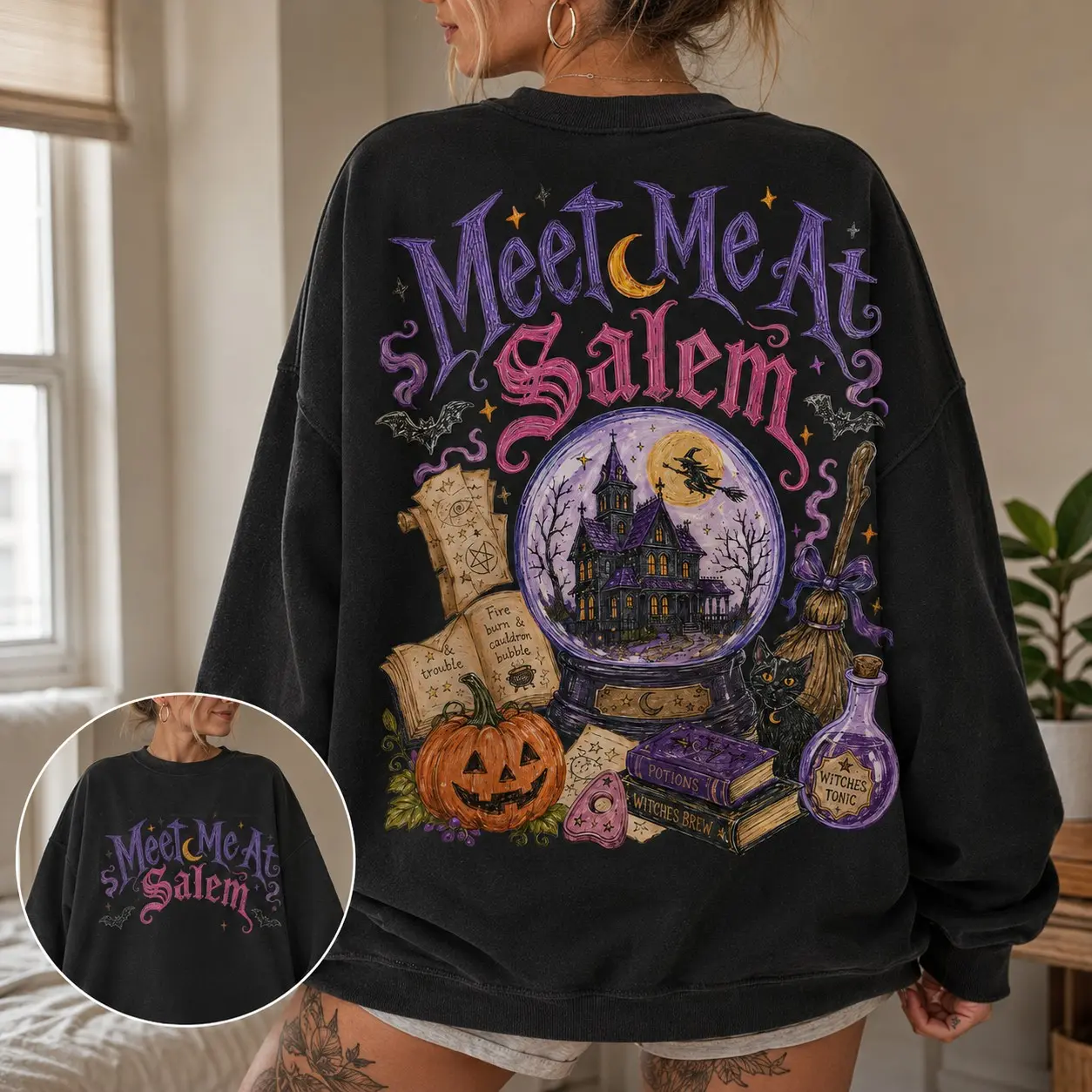 Meet Me At Salem Witch Sweatshirt, Retro Halloween Front and Back Design, Witchy Fall Graphic Top - photo 3