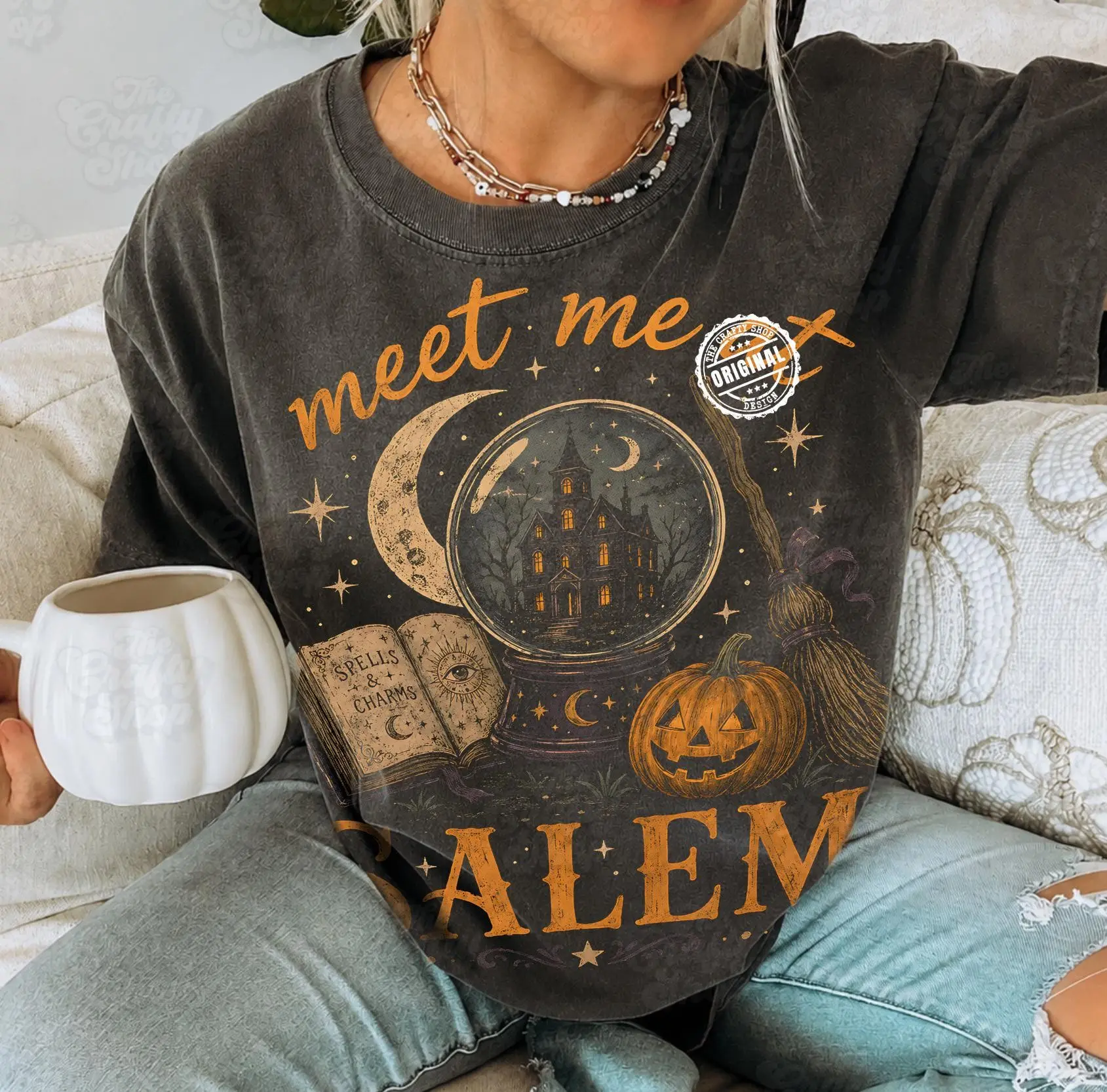 Meet Me At Salem Witchy Halloween Graphic Tee, Womens Vintage Spooky Season Haunted House Dark Aesthetic Fall Shirt - photo 3